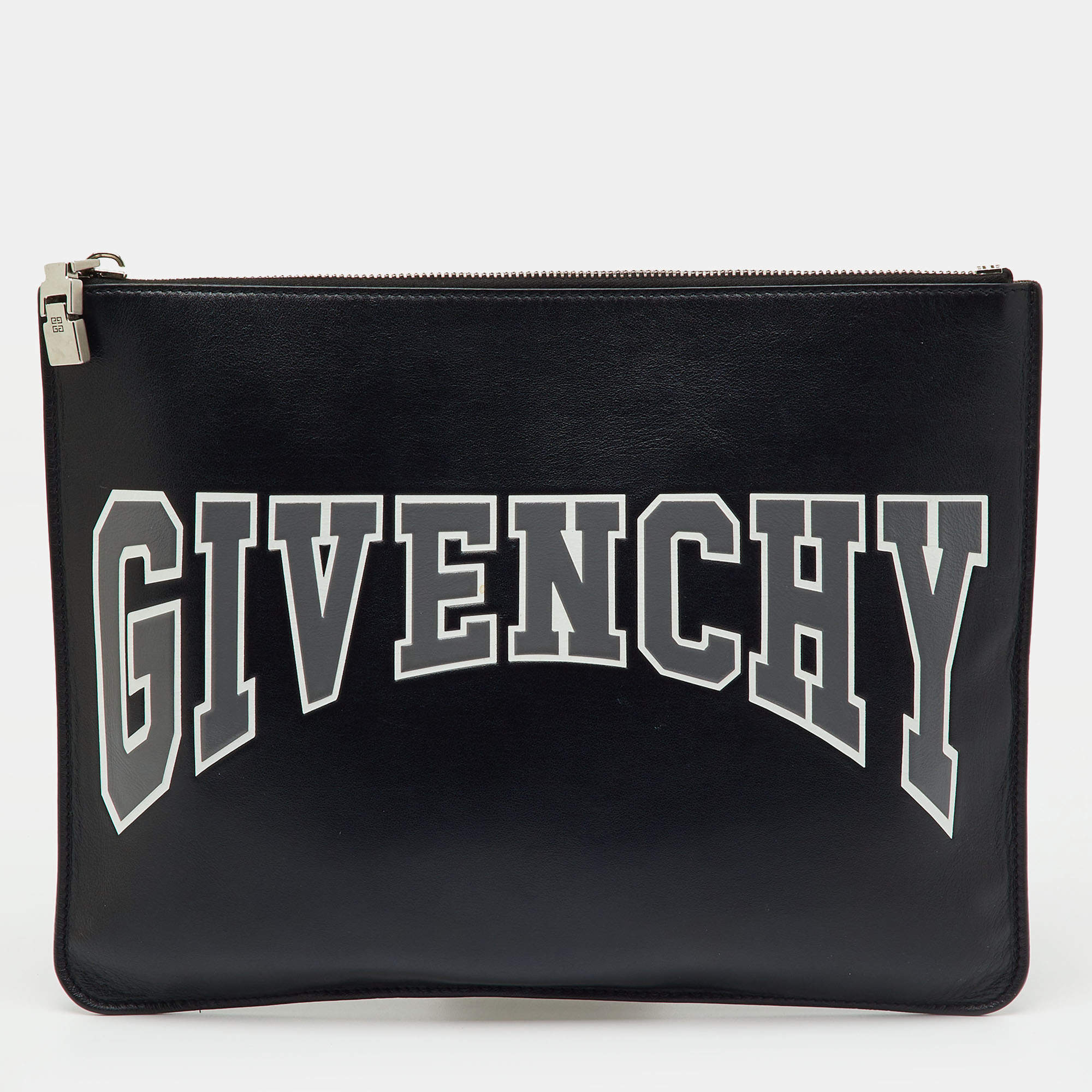 Pre Owned Givenchy Black Leather Logo Print Zip Pouch