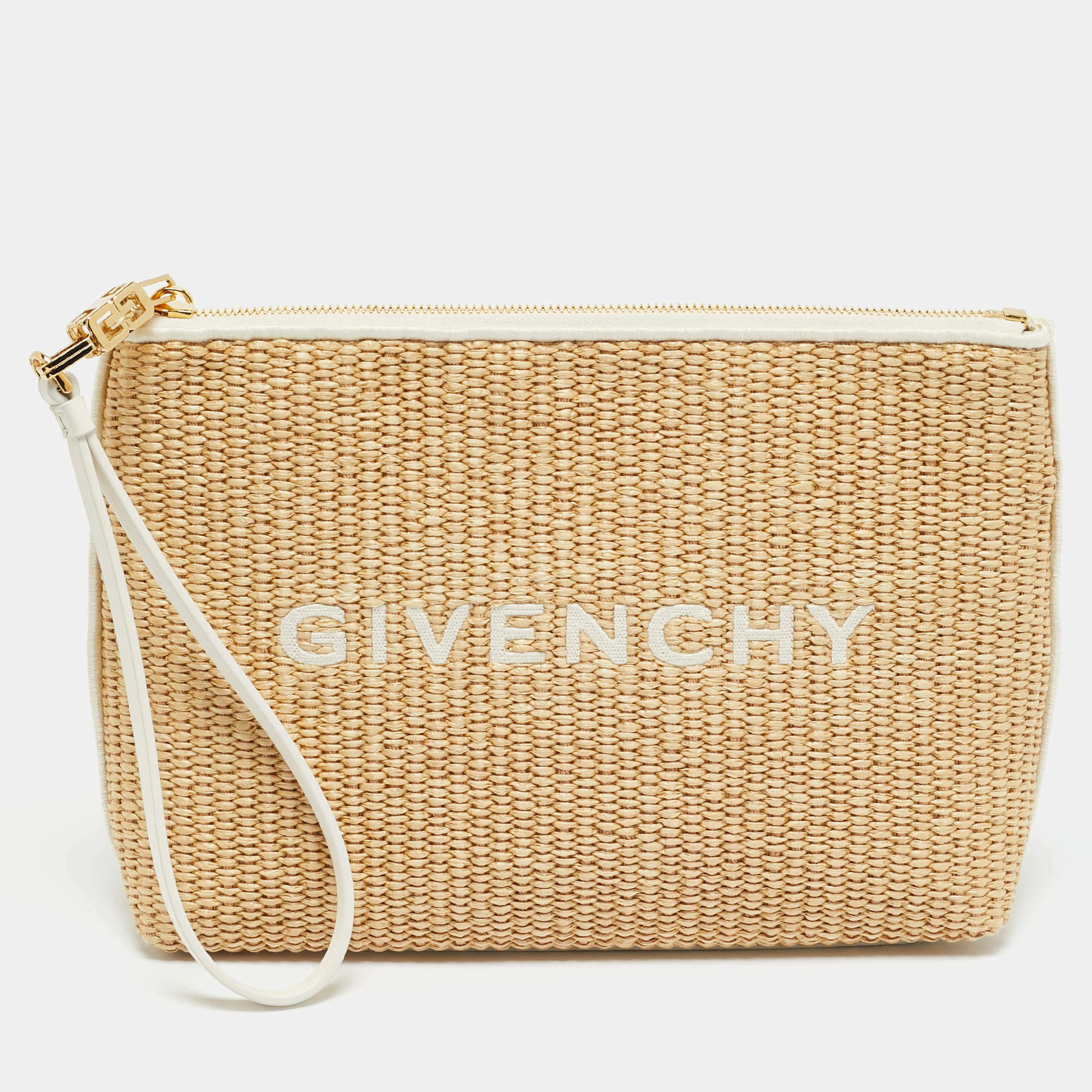 Pre Owned Givenchy Cream/Off White Leather and Raffia Travel Wristlet Pouch