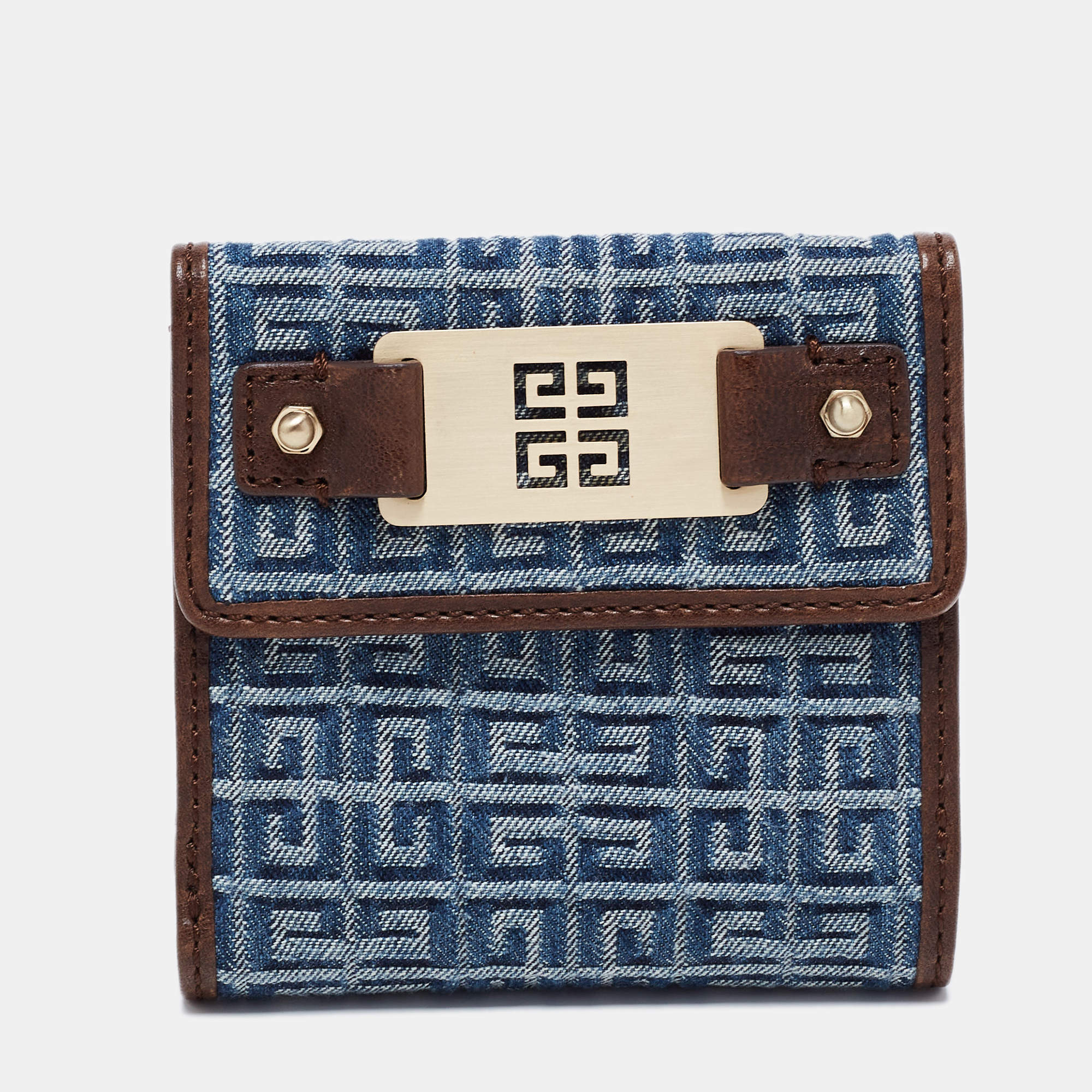 Pre Owned Givenchy Blue/Brown Monogram Canvas and Leather Metal Flap Compact Wallet