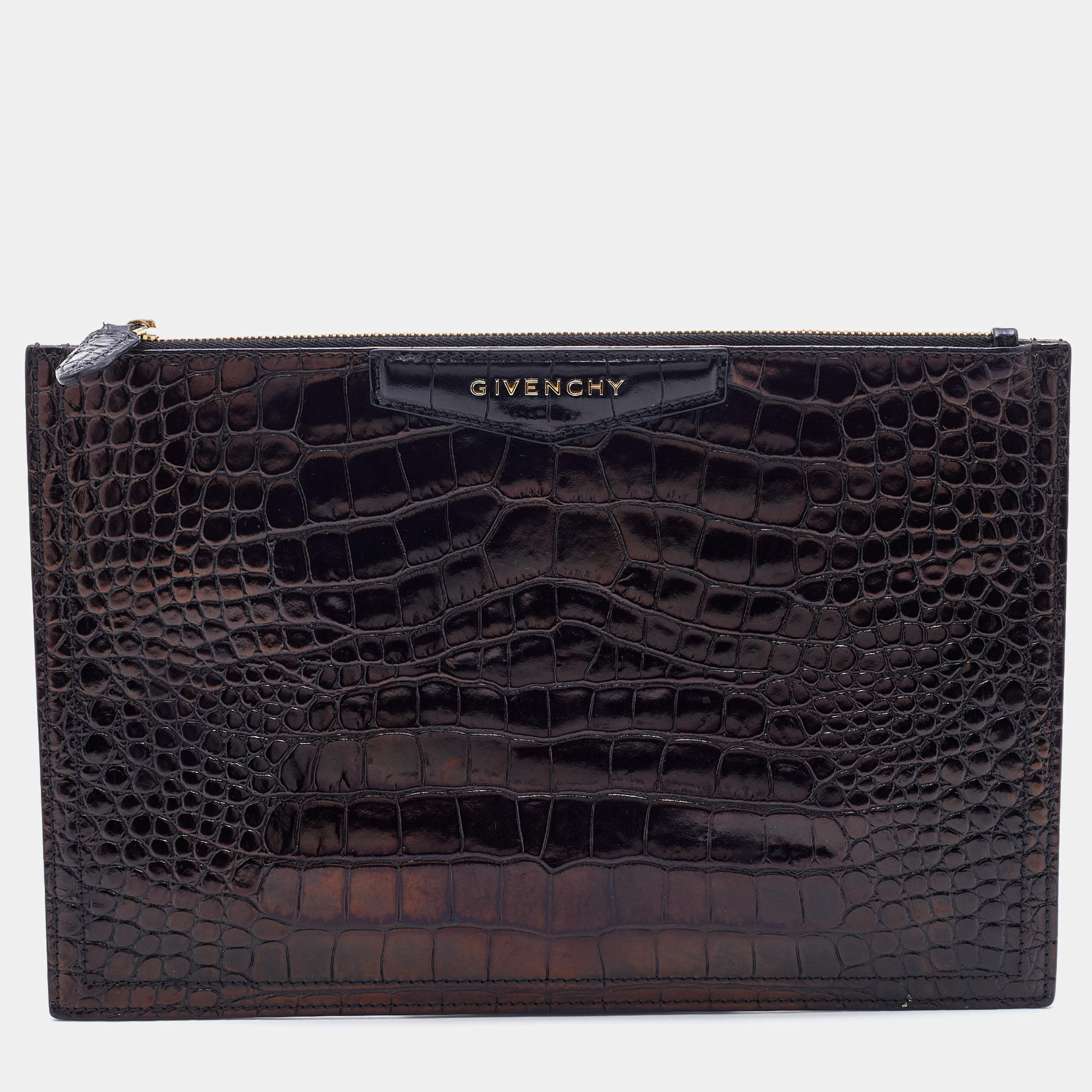Pre Owned Givenchy Dark Brown Croc Embossed Leather Antigona Clutch