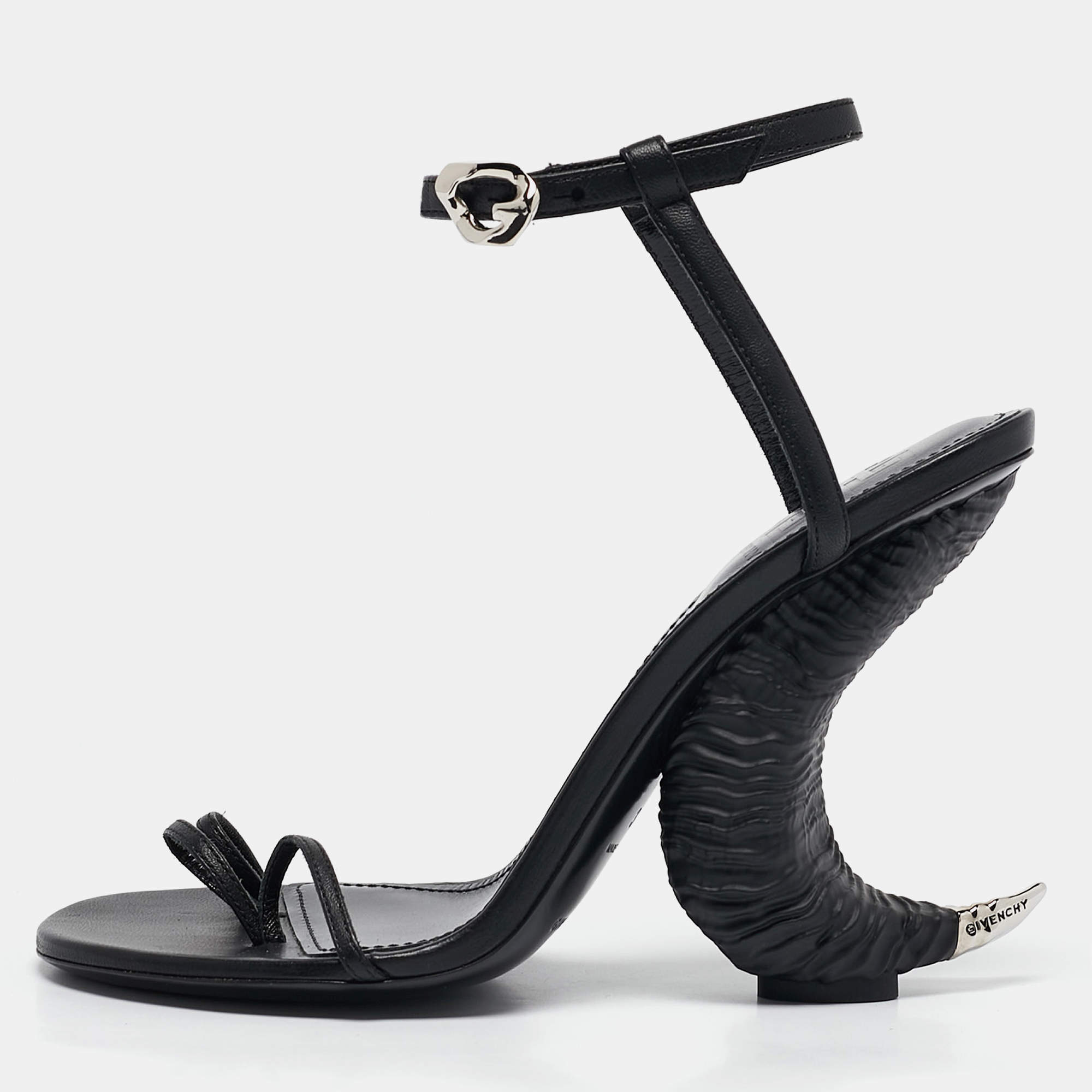 Pre Owned Givenchy Black Leather Triple Toes Horn Ankle Strap Sandals Size 38
