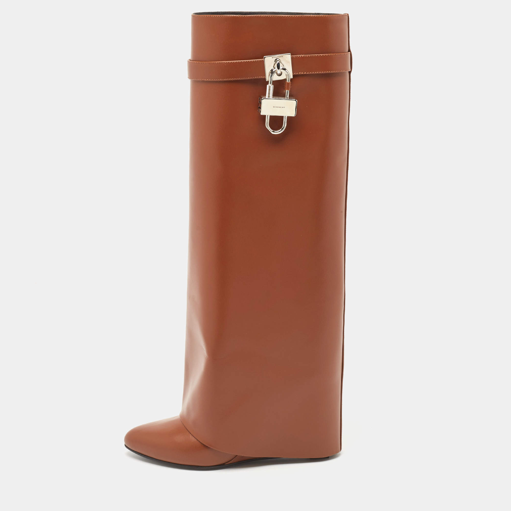 Pre Owned Givenchy Brown Leather Shark Lock Knee Length Boots Size 40