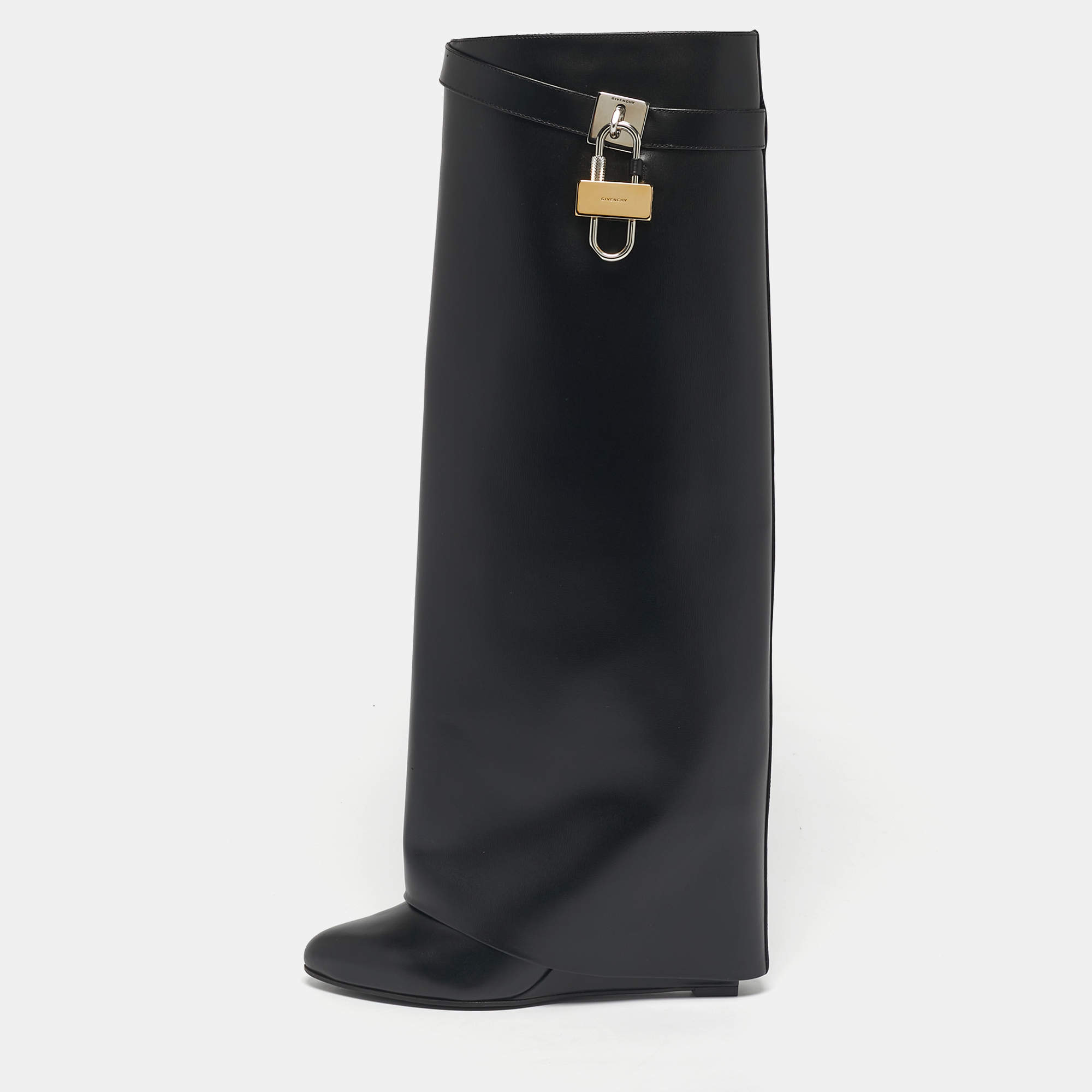 Pre Owned حذاء بوت ركبه جيفنشي شارك لوك كعب روكي جلد أسود مقاس 39.5