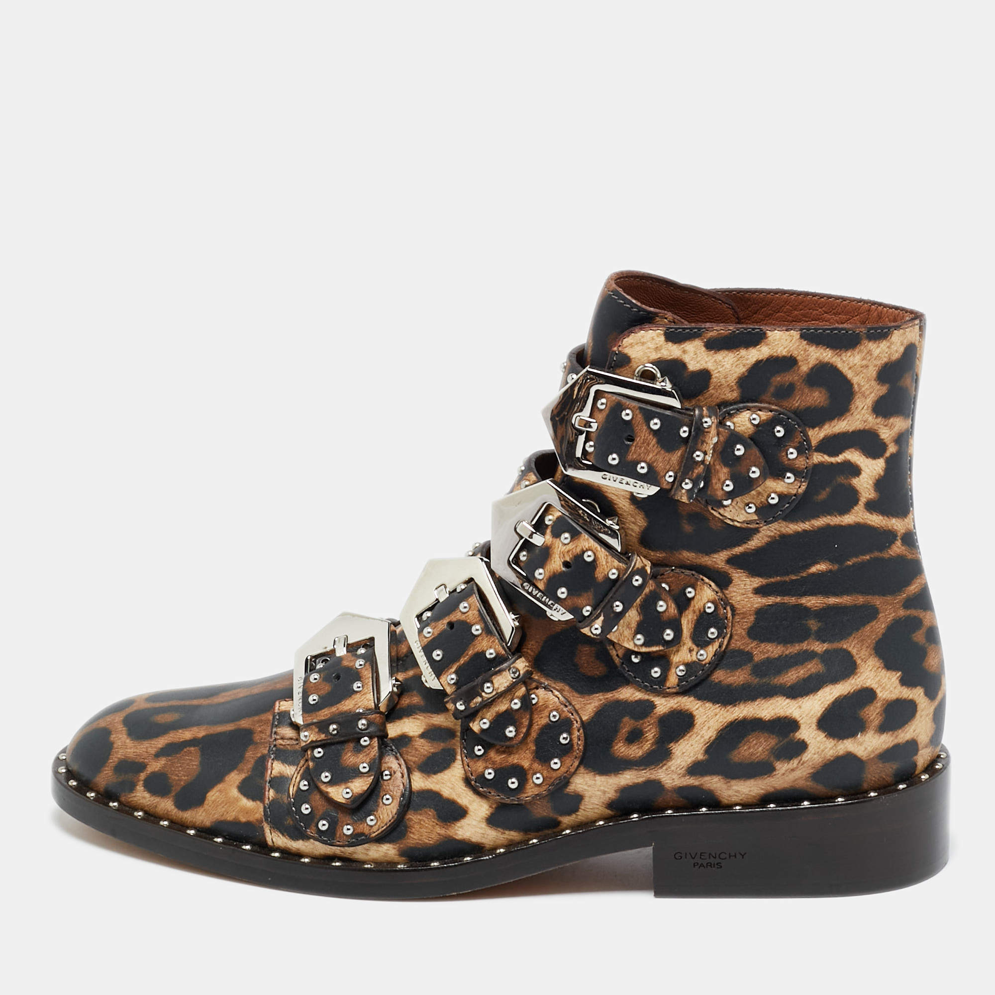 Pre Owned Givenchy Size 36 Black Leather Studded Buckle Detail Ankle Boots