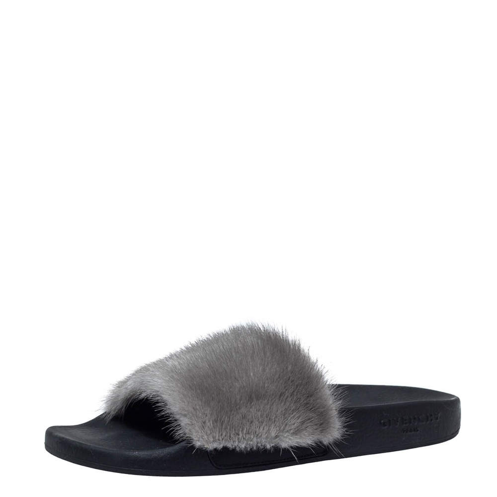 Pre Owned Givenchy Grey Mink Fur Flat Slides Size 40