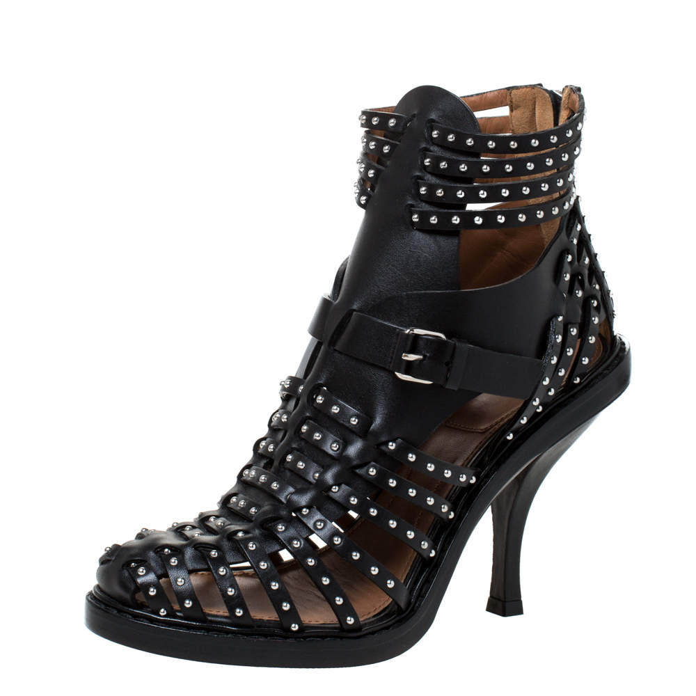 Givenchy Black Leather Studded Gladiator Sandals Size 37
