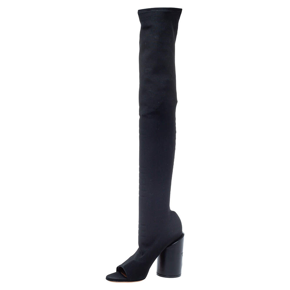 Pre Owned Givenchy Black Stretch Fabric Edgy Over The Knee Open Toe Boots Size 38.5