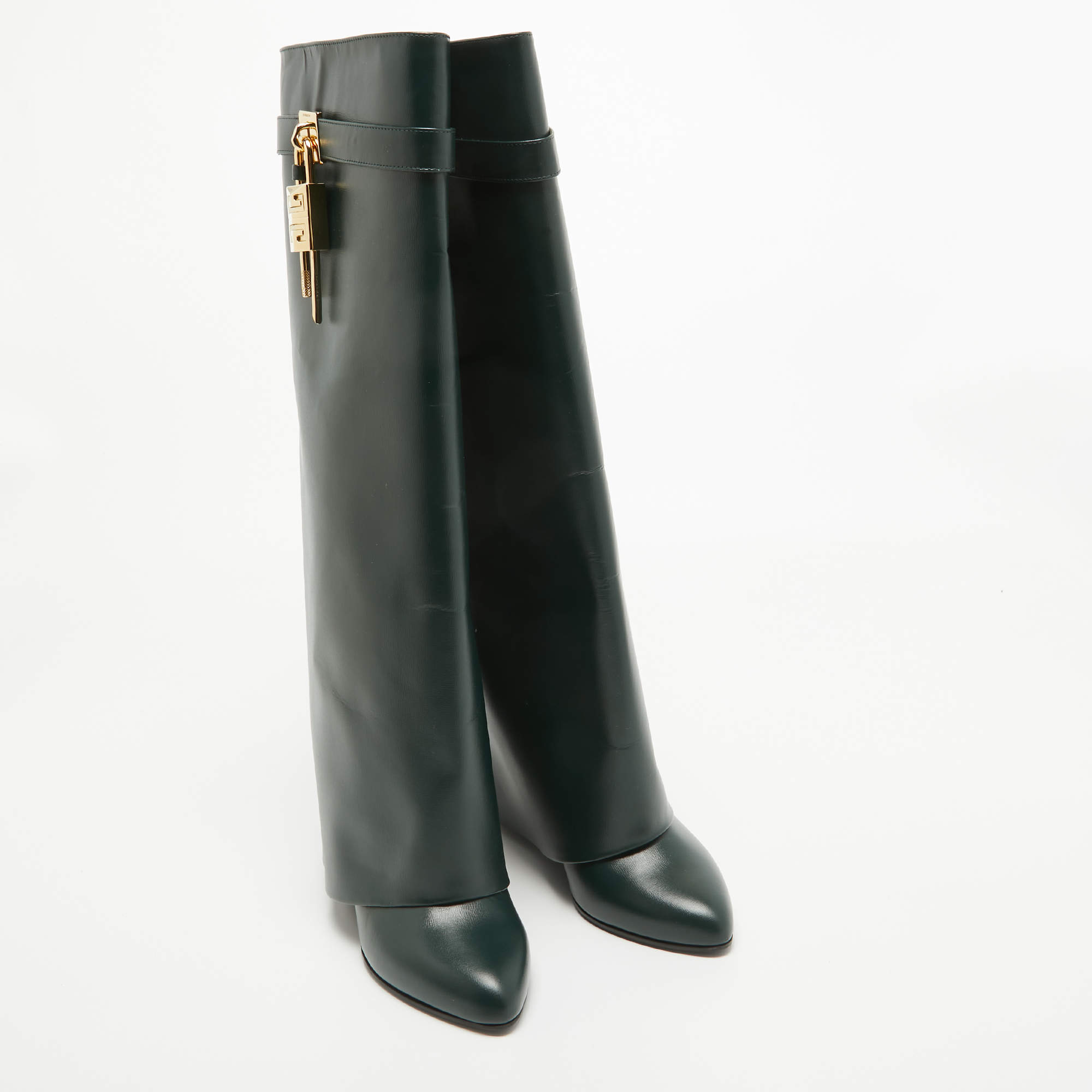 Givenchy Green Leather Shark Lock Wedge Knee Length Boots Size 40