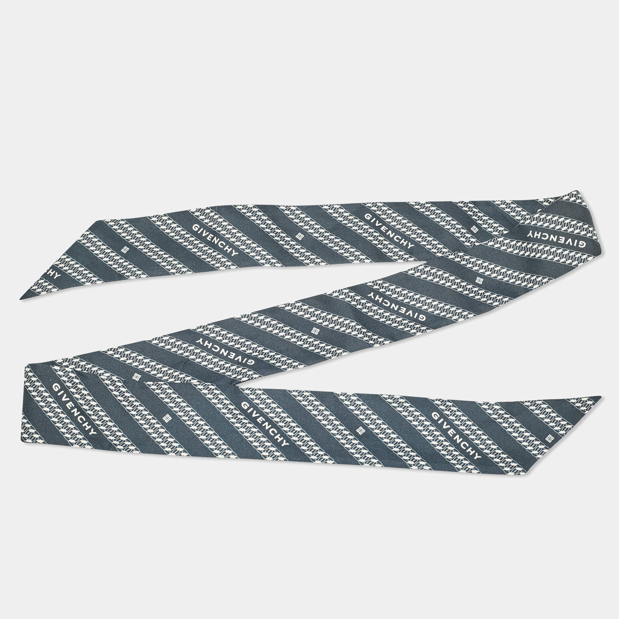 Givenchy Navy Blue Logo Chain Print Silk Bandeau Scarf