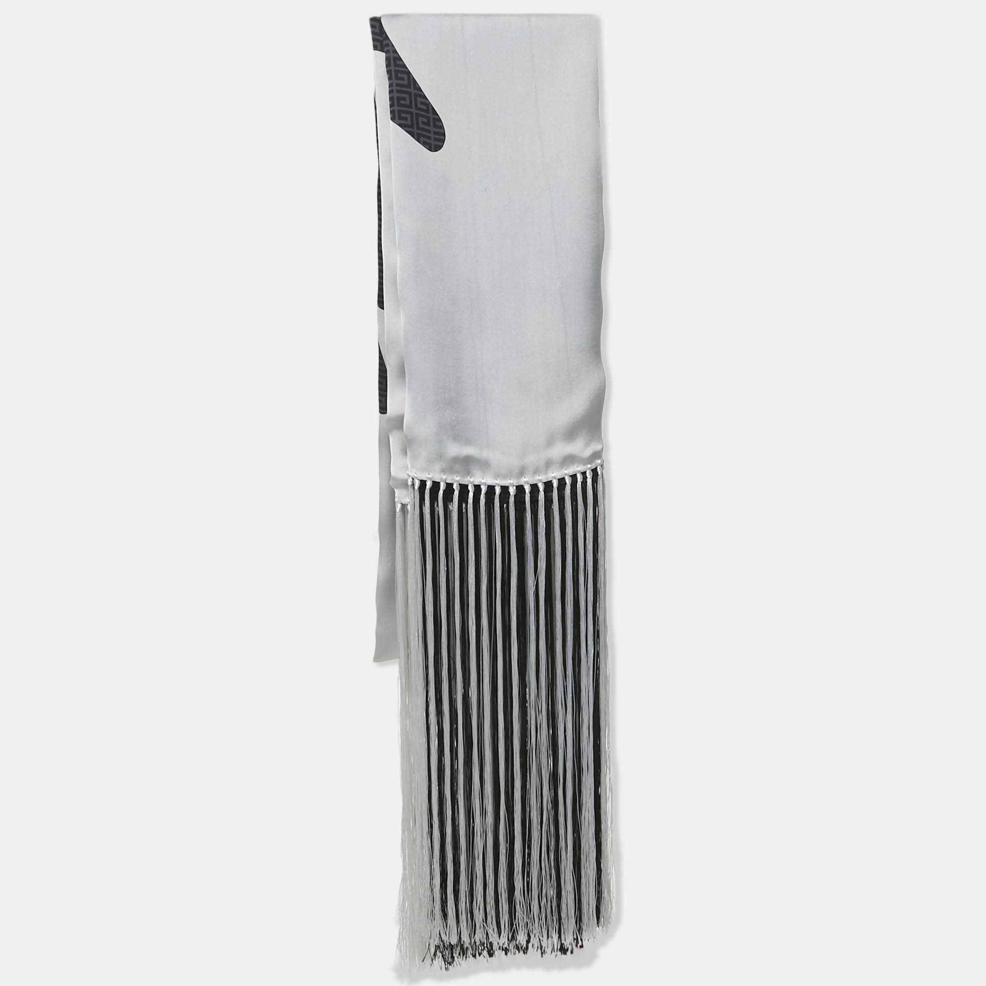 Givenchy Black Monogram Print Satin Silk Fringed Scarf 