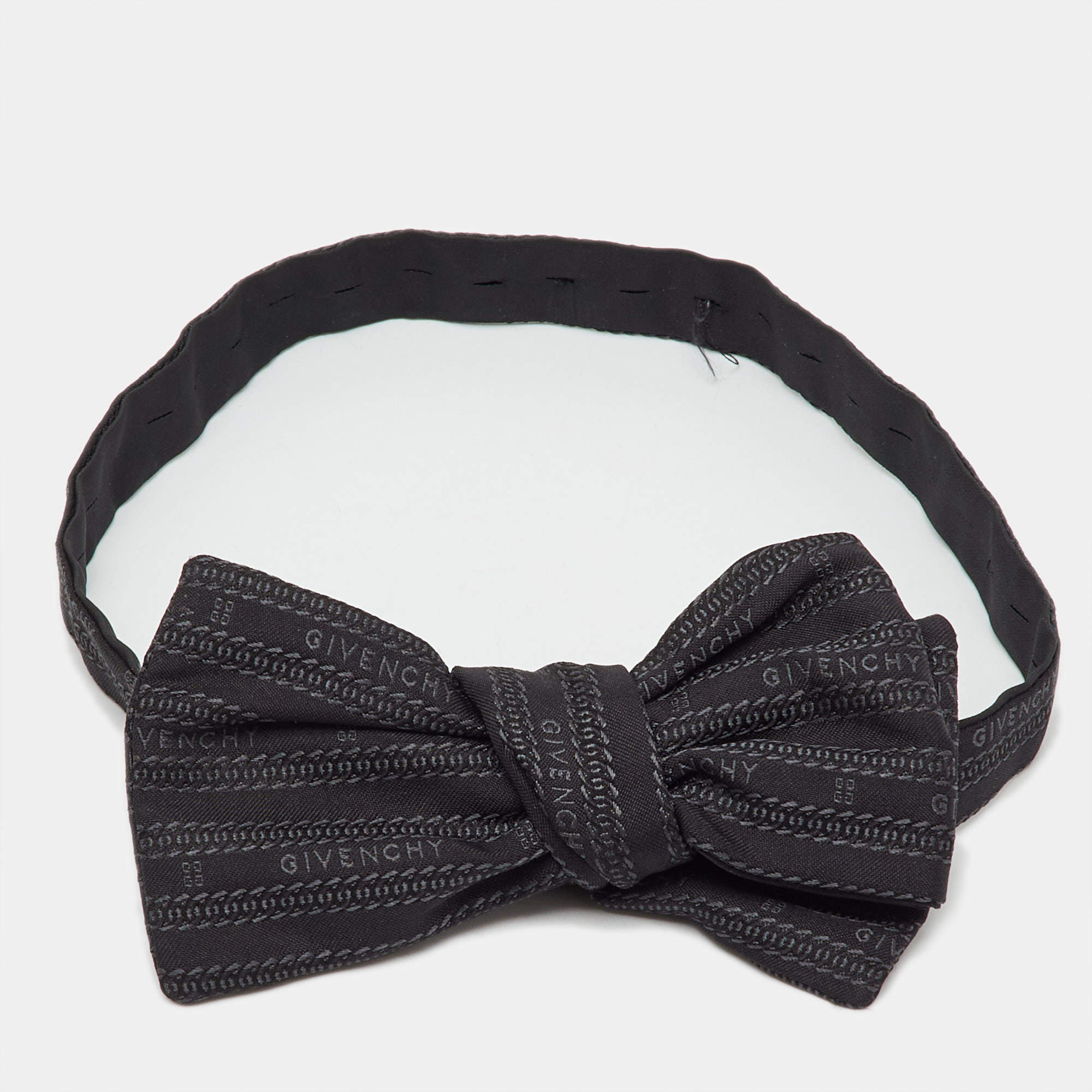 Pre Owned Givenchy Black Logo Pattern Silk Bow Tie