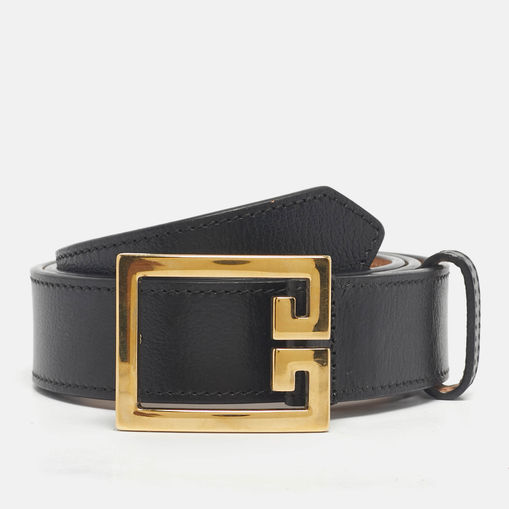 Pre Owned Givenchy Black Leather 2G Buckle Belt 80CM