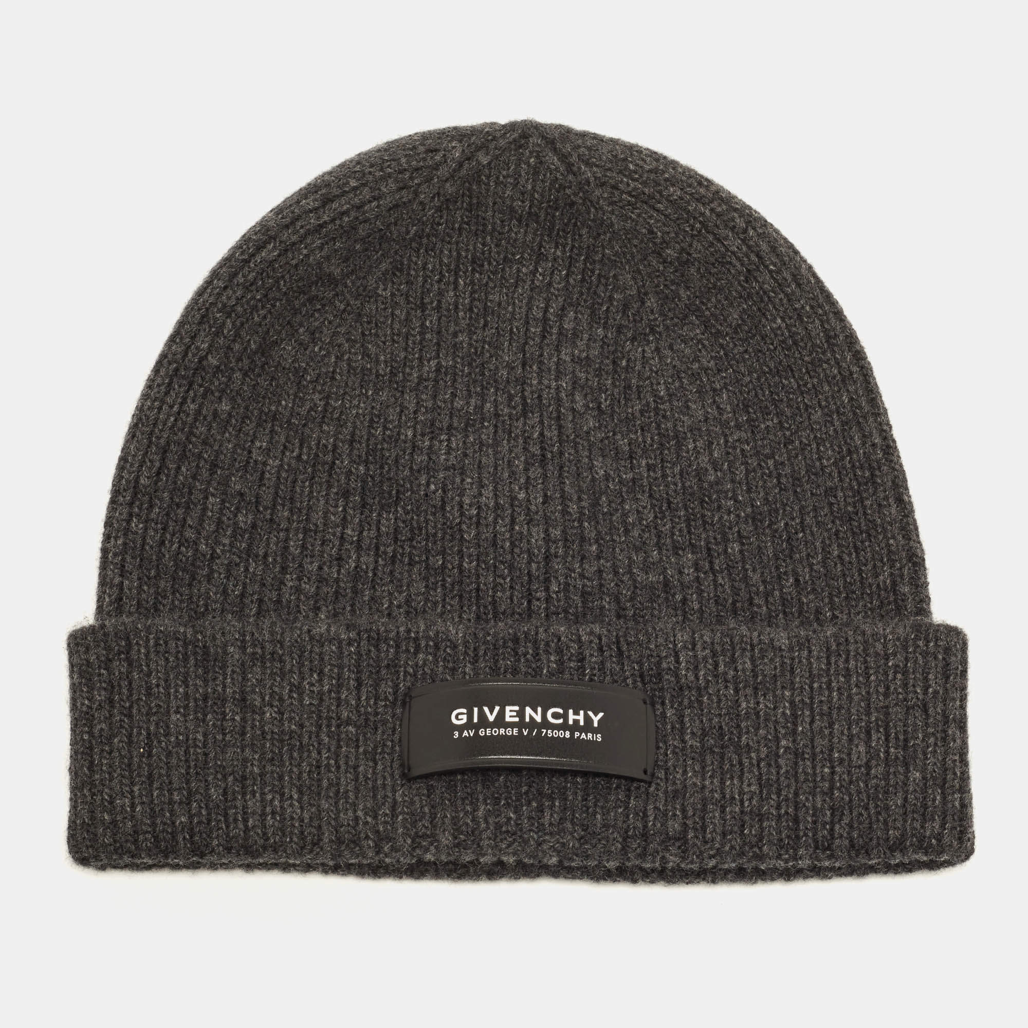 Pre Owned Givenchy Grey Logo Applique Rib Knit Cashmere Blend Beanie One Size 