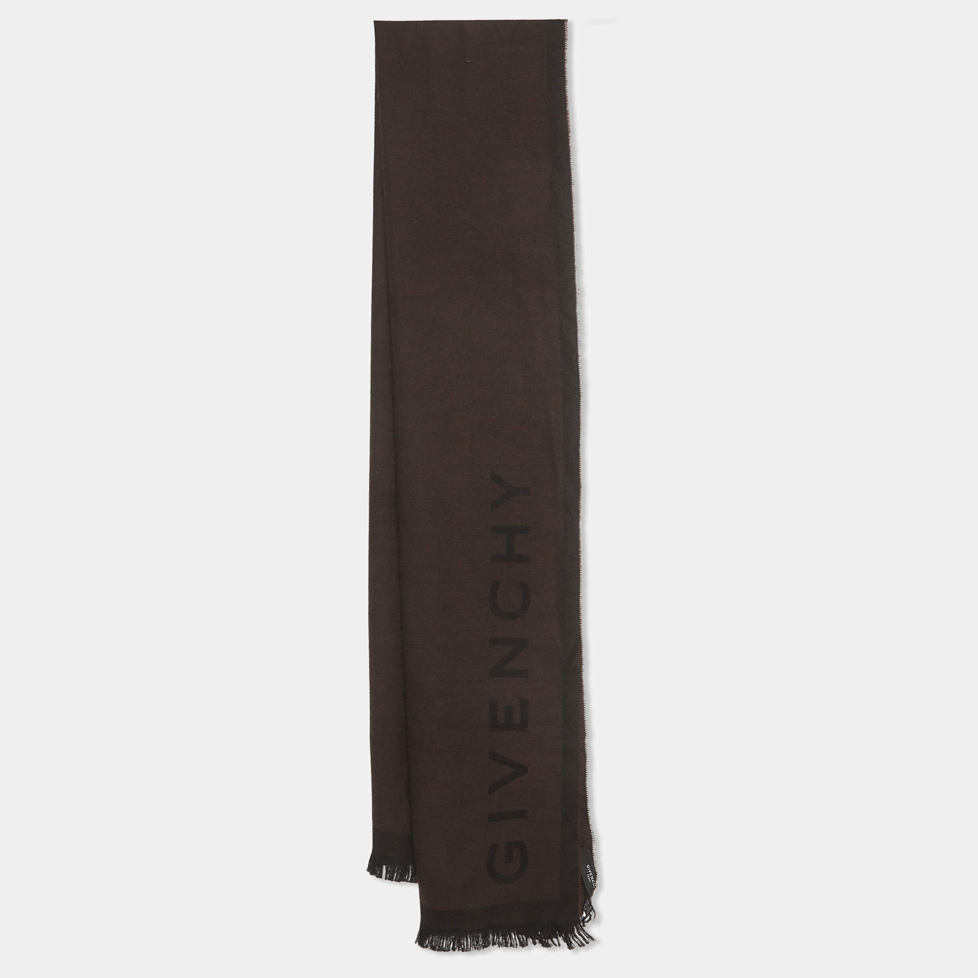 Pre Owned Givenchy Black/Brown Logo Jacquard Wool Fringed Scarf