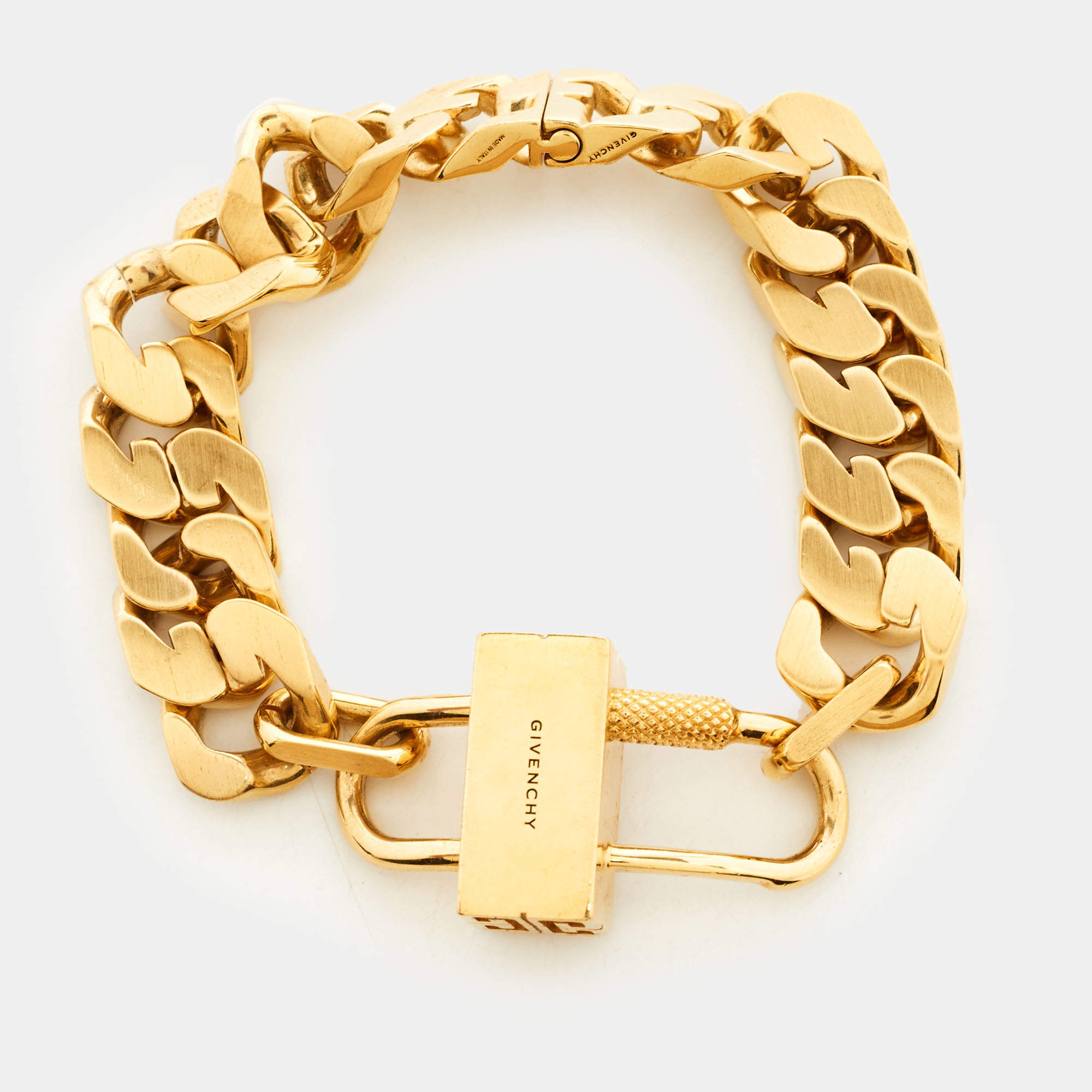 Pre Owned Givenchy G-Chain Lock Curb Link Padlock Gold Tone Bracelet
