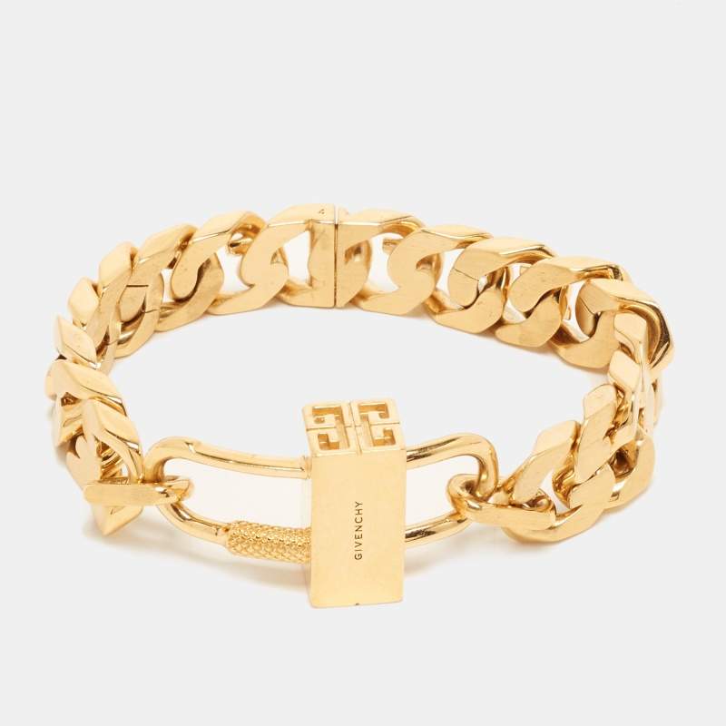 Pre Owned Givenchy G-Chain Lock Curb Link Padlock Gold Tone Bracelet 