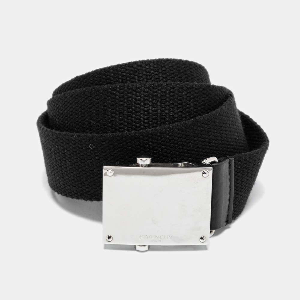 Pre Owned Givenchy Black Canvas Love Logo Buckle Belt 95CM