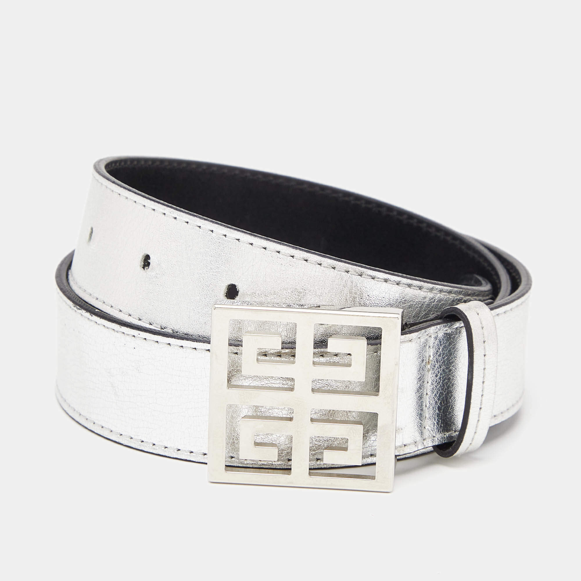 Pre Owned Givenchy Silver Leather Buckle Belt 70CM