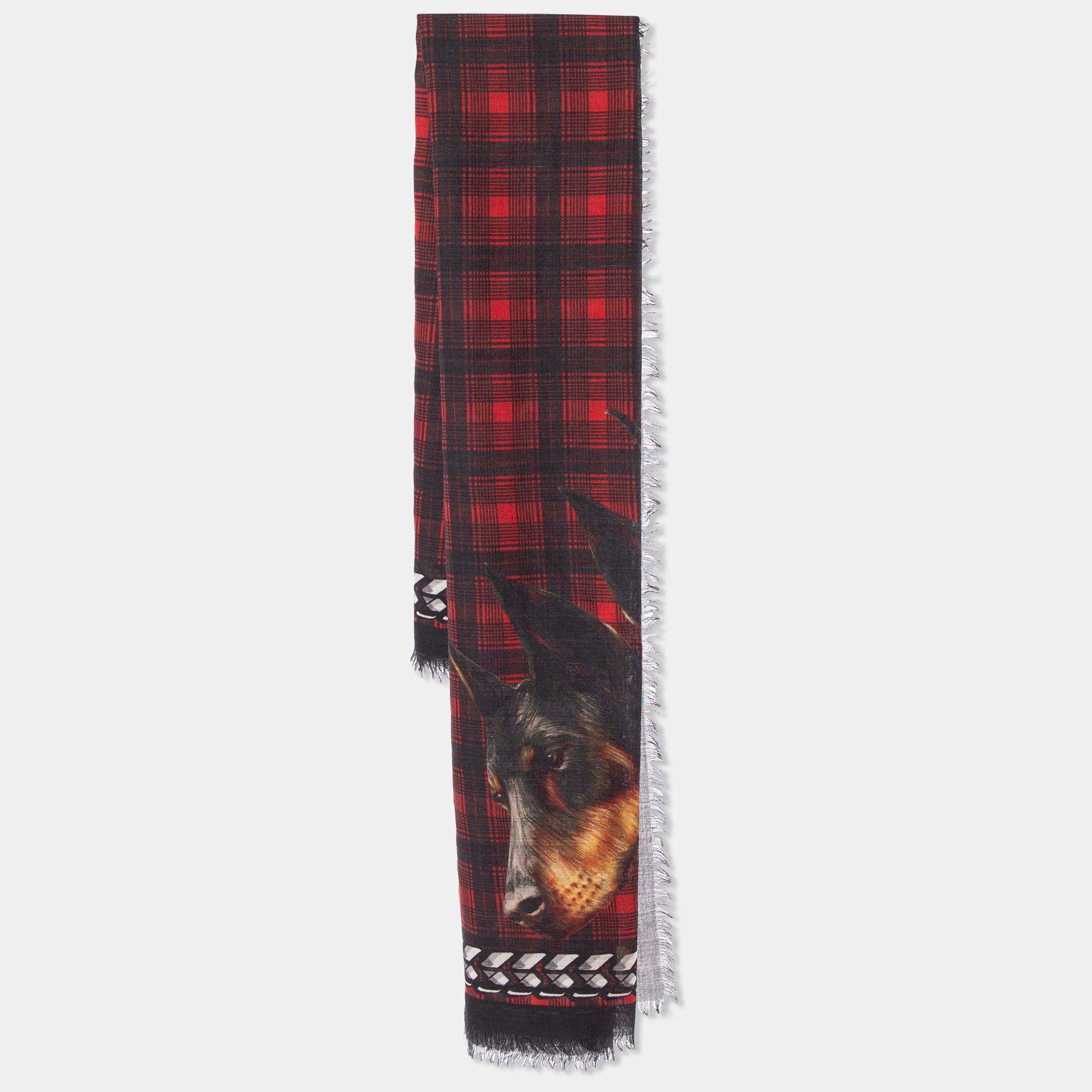 Givenchy Red & Black Doberman & Tartan Printed Wool Scarf