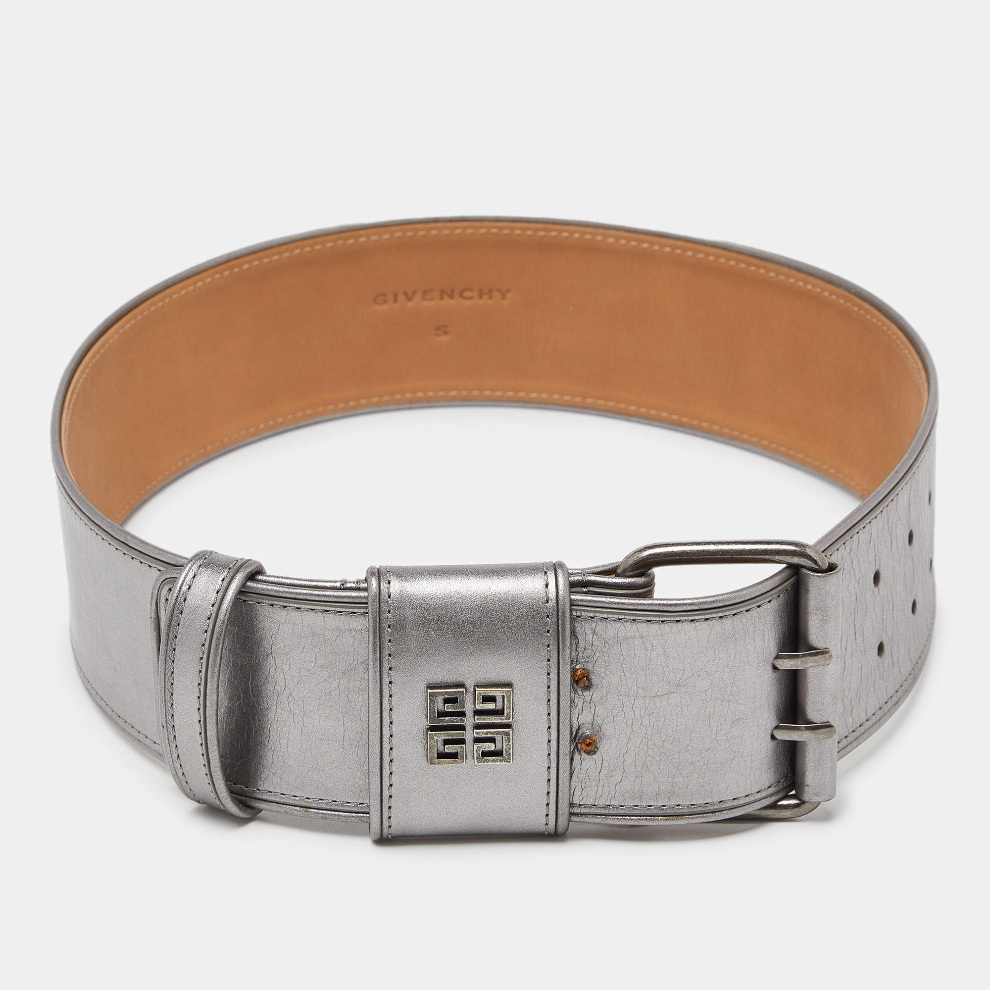 Givenchy Metallic Grey Leather Wide Waist Belt S