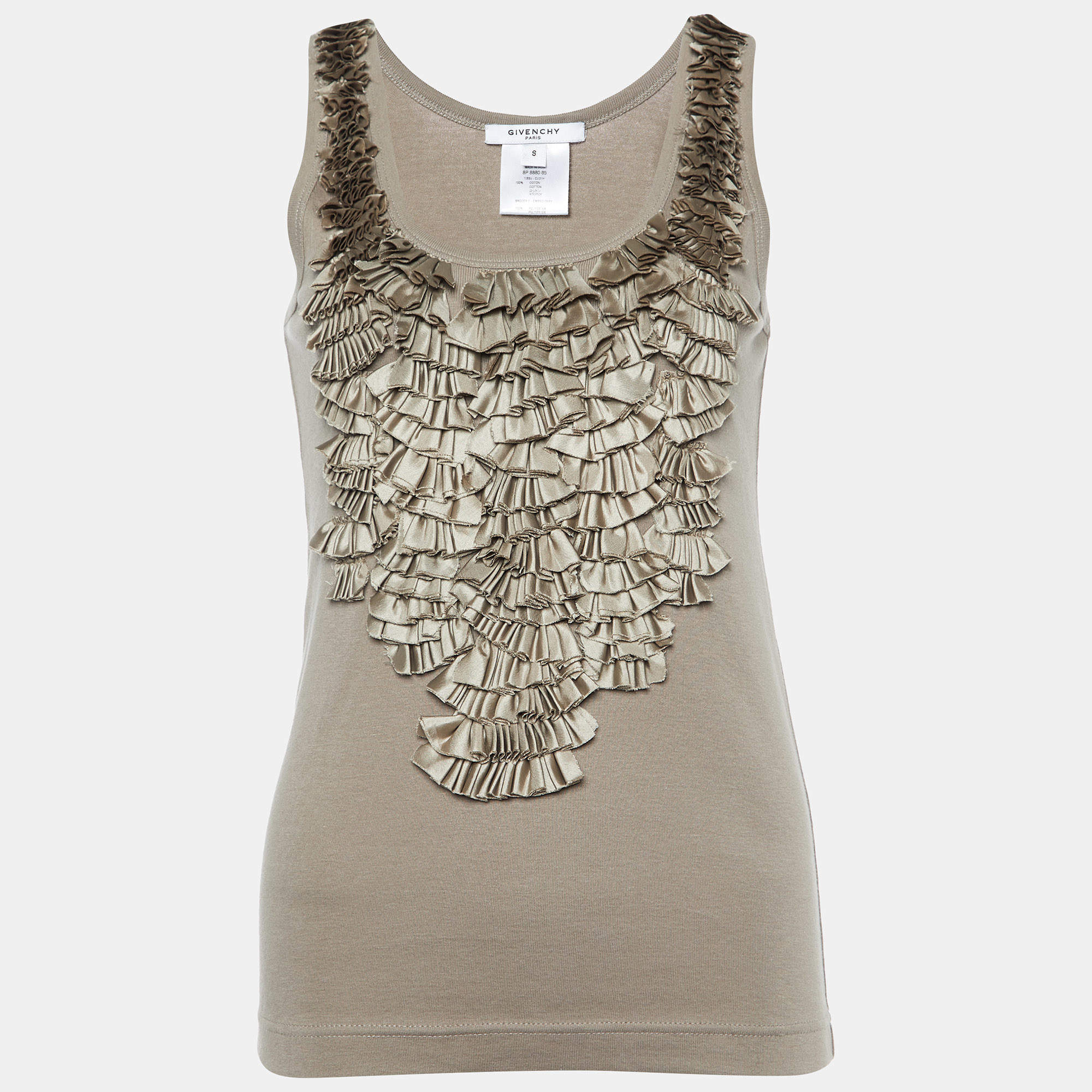 Givenchy Greige Cotton Ruffled Detail Tank Top S