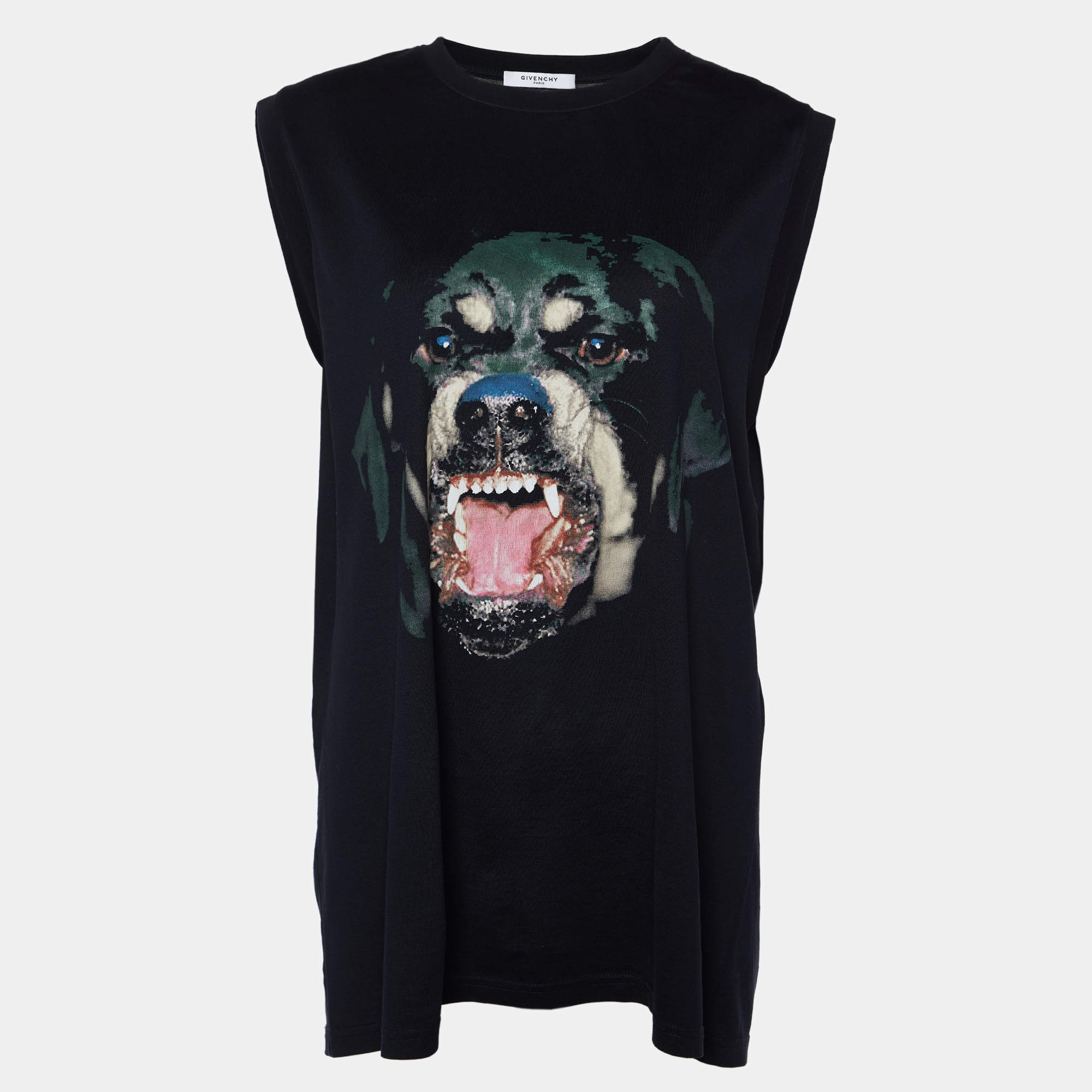 Pre Owned Givenchy Black Rottweiler Print Cotton Knit Sleeveless Tank Top L