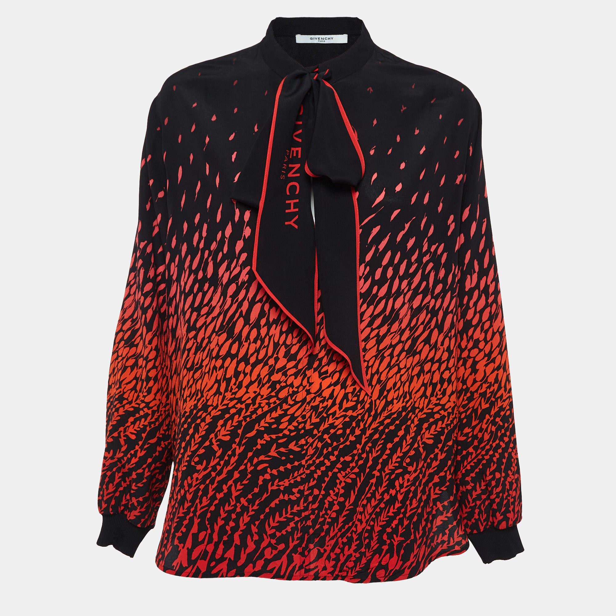 Pre Owned Givenchy Black Floral Printed Crepe Tie-Neck Blouse M