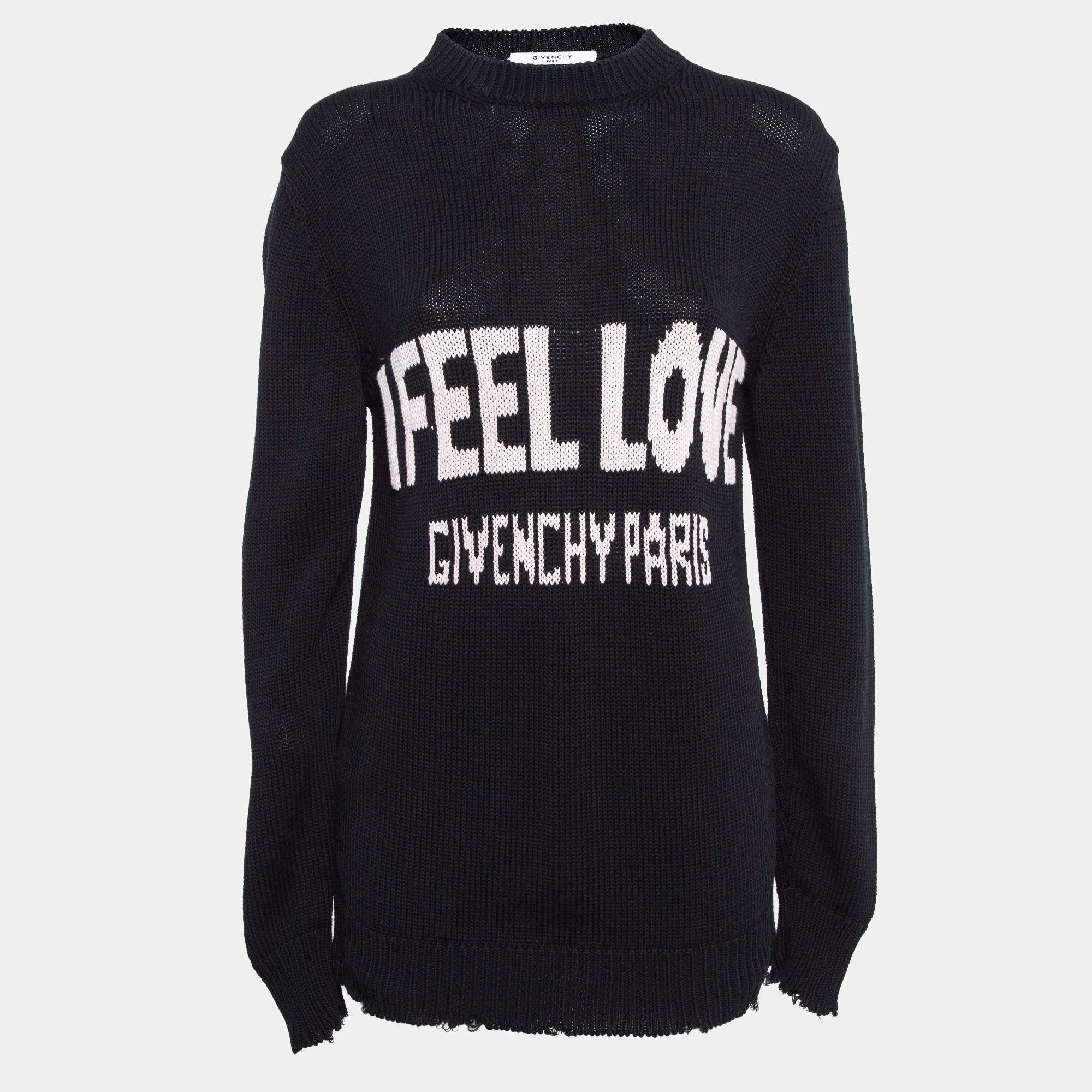 Pre Owned Givenchy Black Logo Intarsia Rib Knit Distressed Sleeve Sweater S