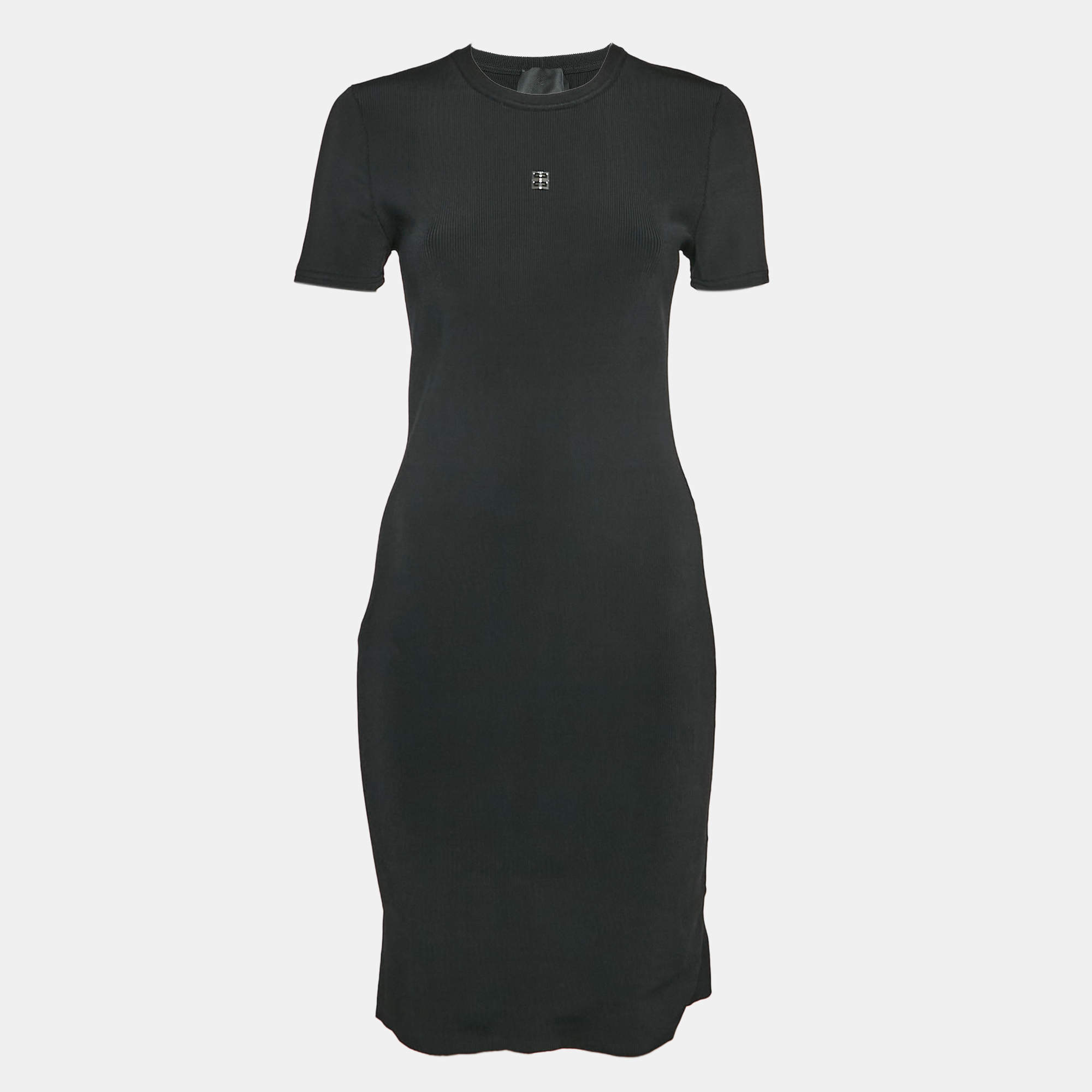 Givenchy Black Rib Knit Metal Logo Detail Mini Dress L