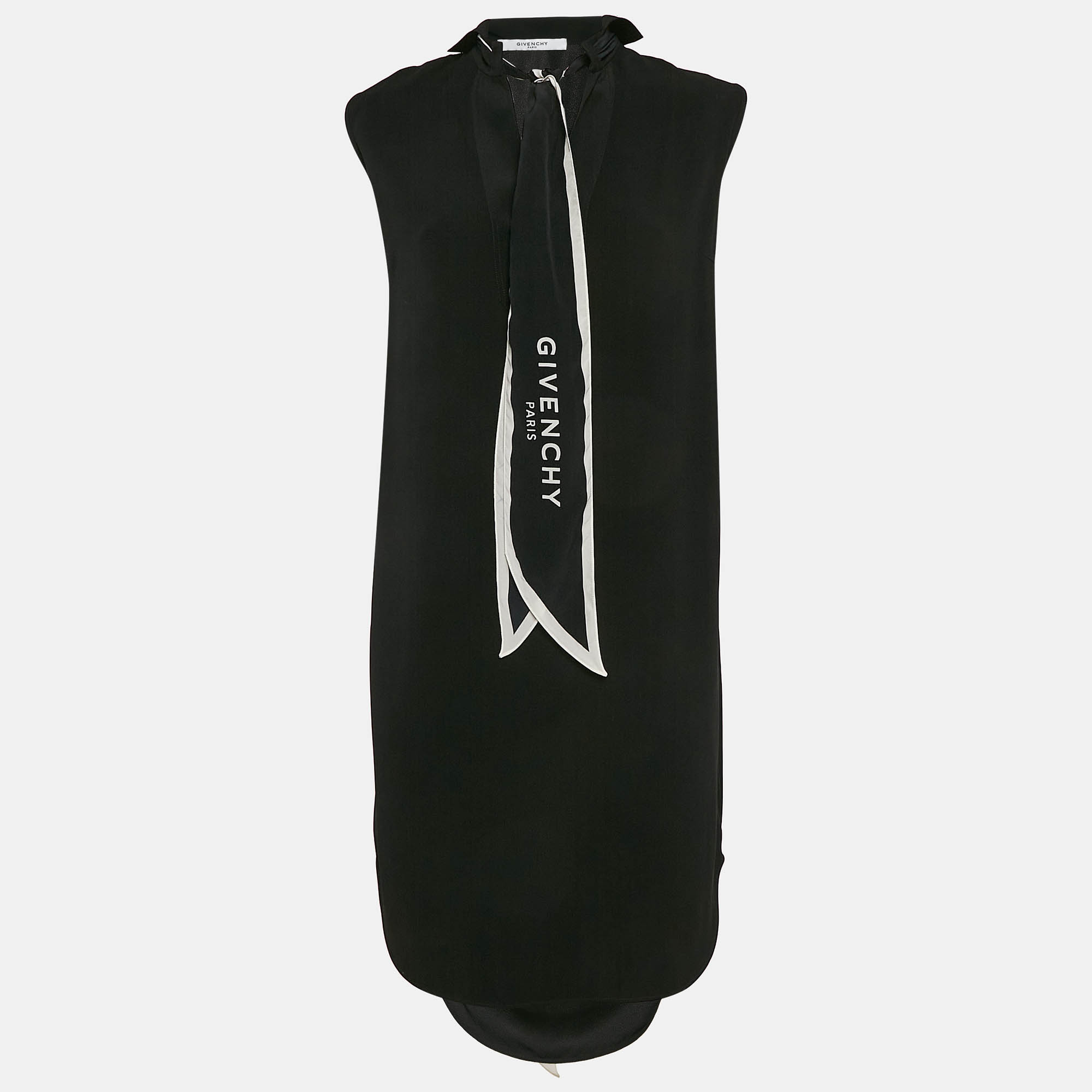 Pre Owned Givenchy Black Crepe Logo Scarf Bow Tie Shift Dress S
