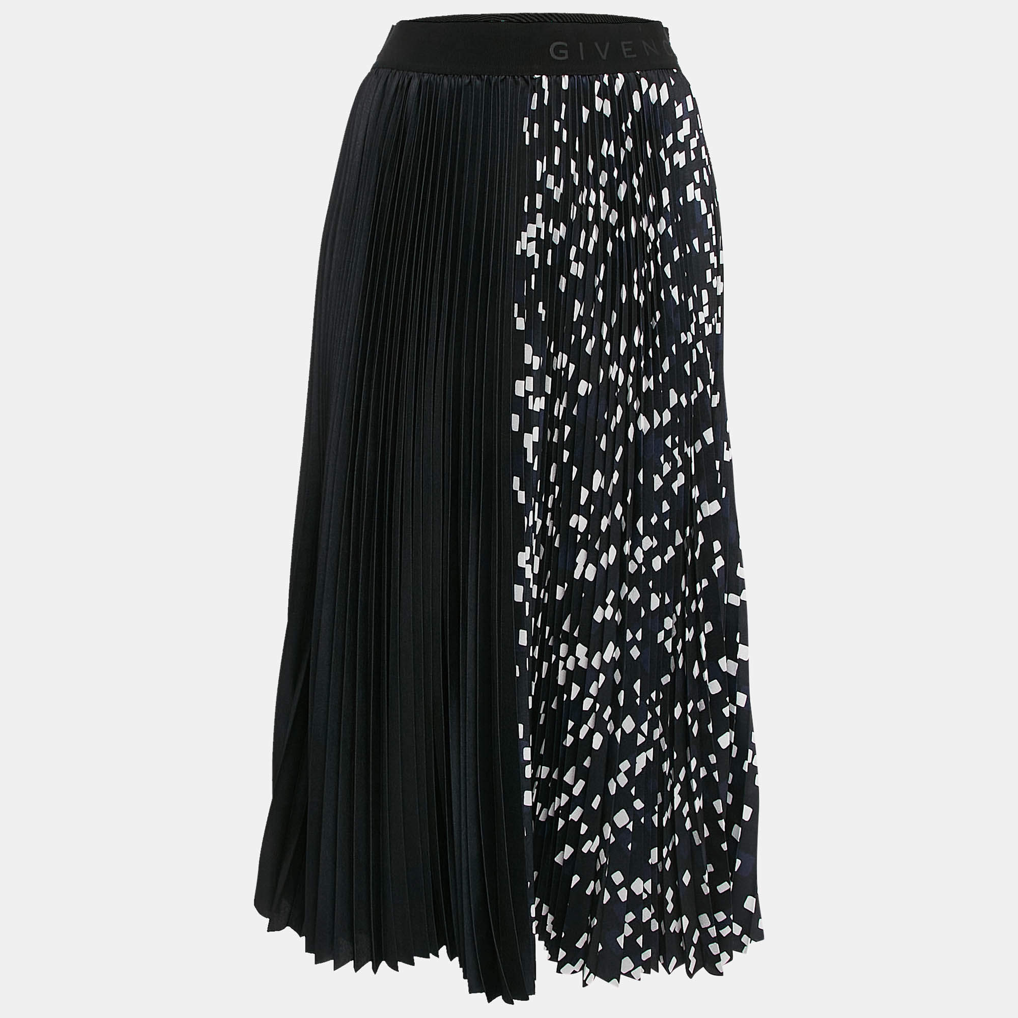 Givenchy Black Geometric Print Sateen Pleated Midi Skirt S