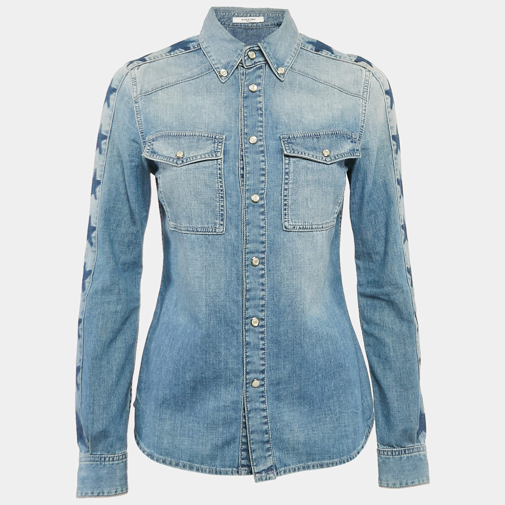 Givenchy Blue Washed Star Print Denim Button Down Shirt S