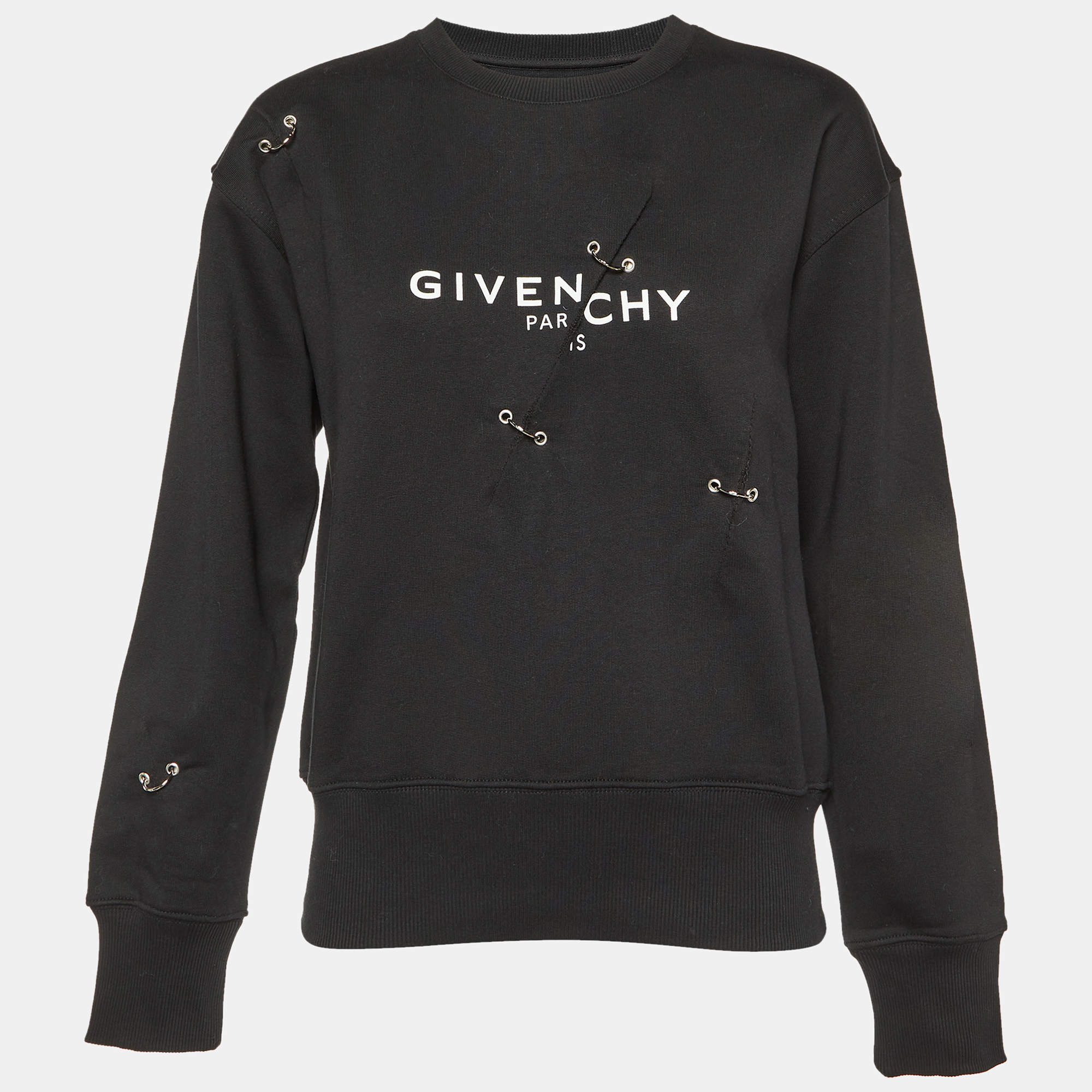 Pre Owned Givenchy Black Cotton Logo Print Ring Embellished Sweatshirt S