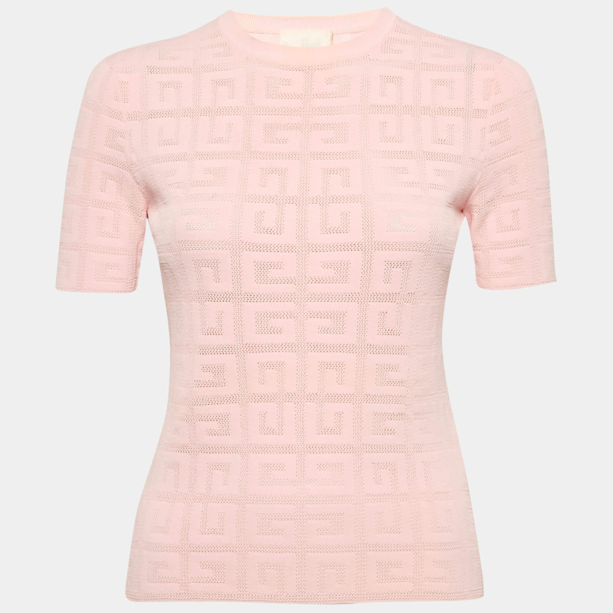 Givenchy Pink Logo Monogram Stretch Knit Crew Neck Top XS