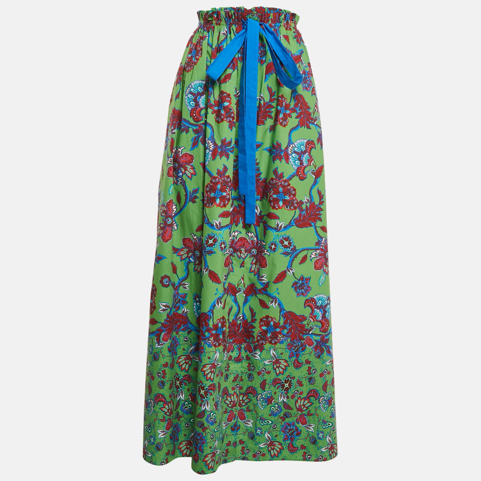Pre Owned Givenchy Green Floral Printed Cotton Elastic Waist Midi Skirt L