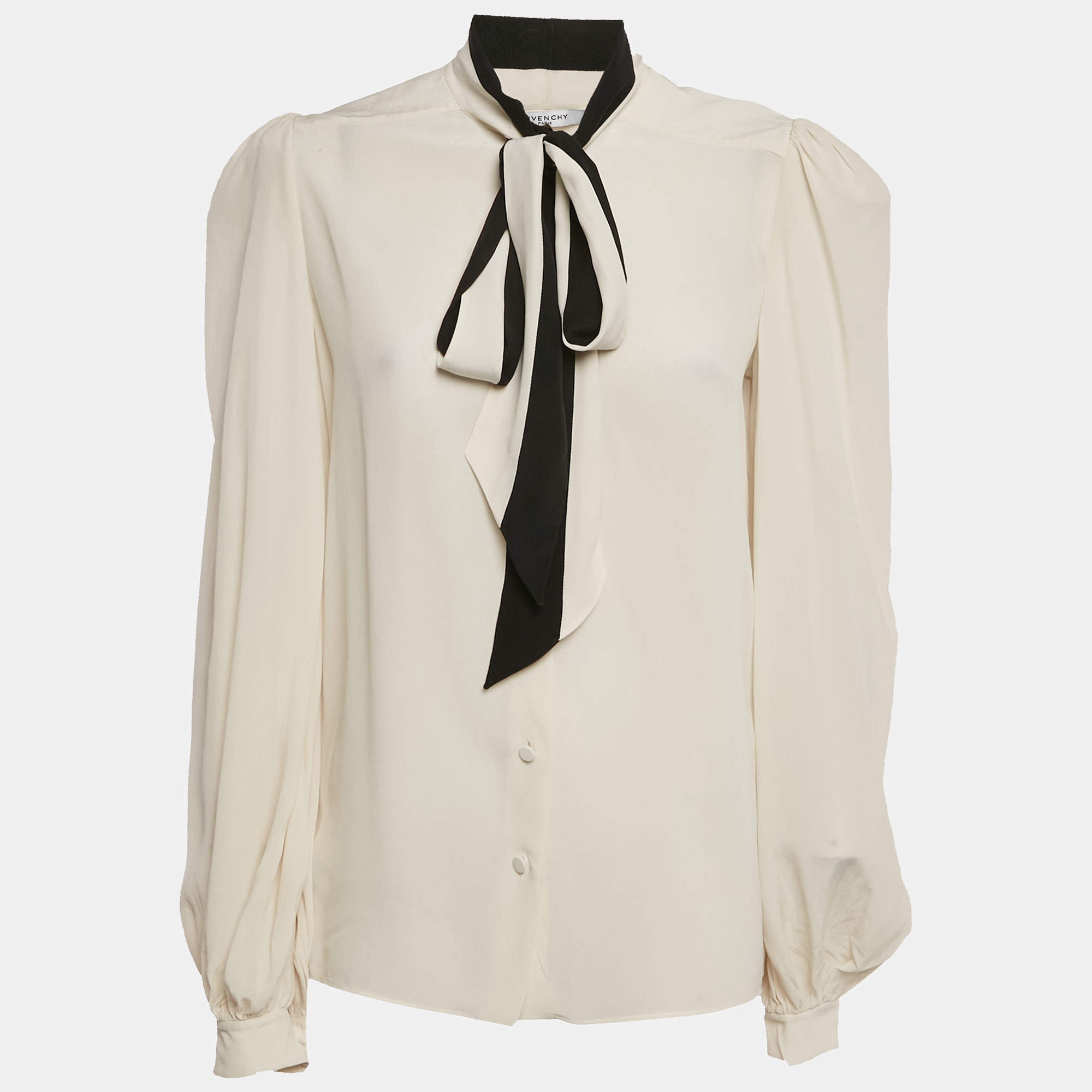 Givenchy Off- White Silk Chiffon Contrast Neck Tie Detail Shirt M