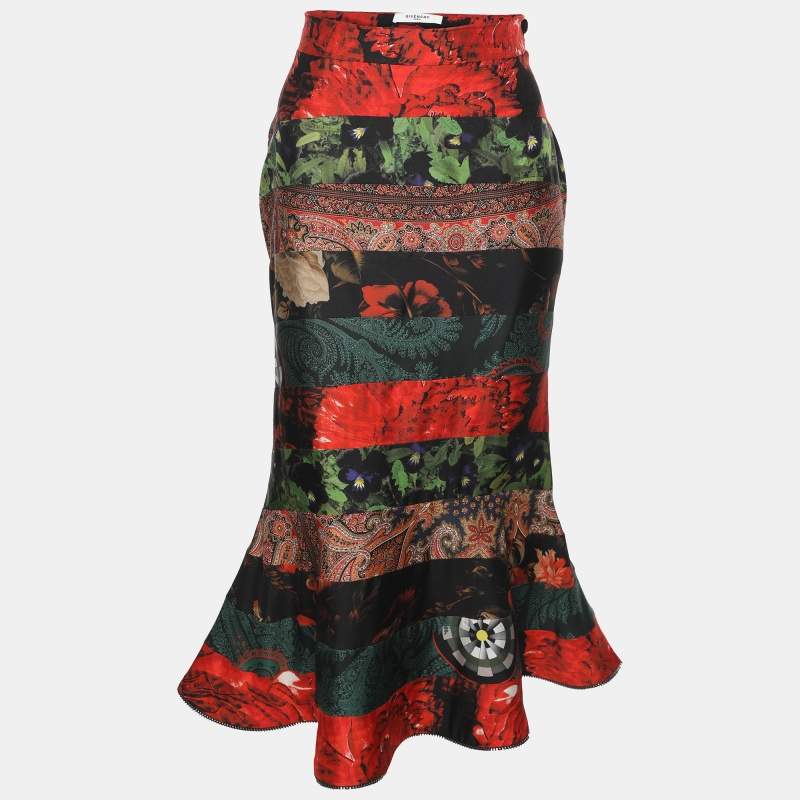 Pre Owned Givenchy Multicolor Silk Floral Print Zip Trim Skirt M