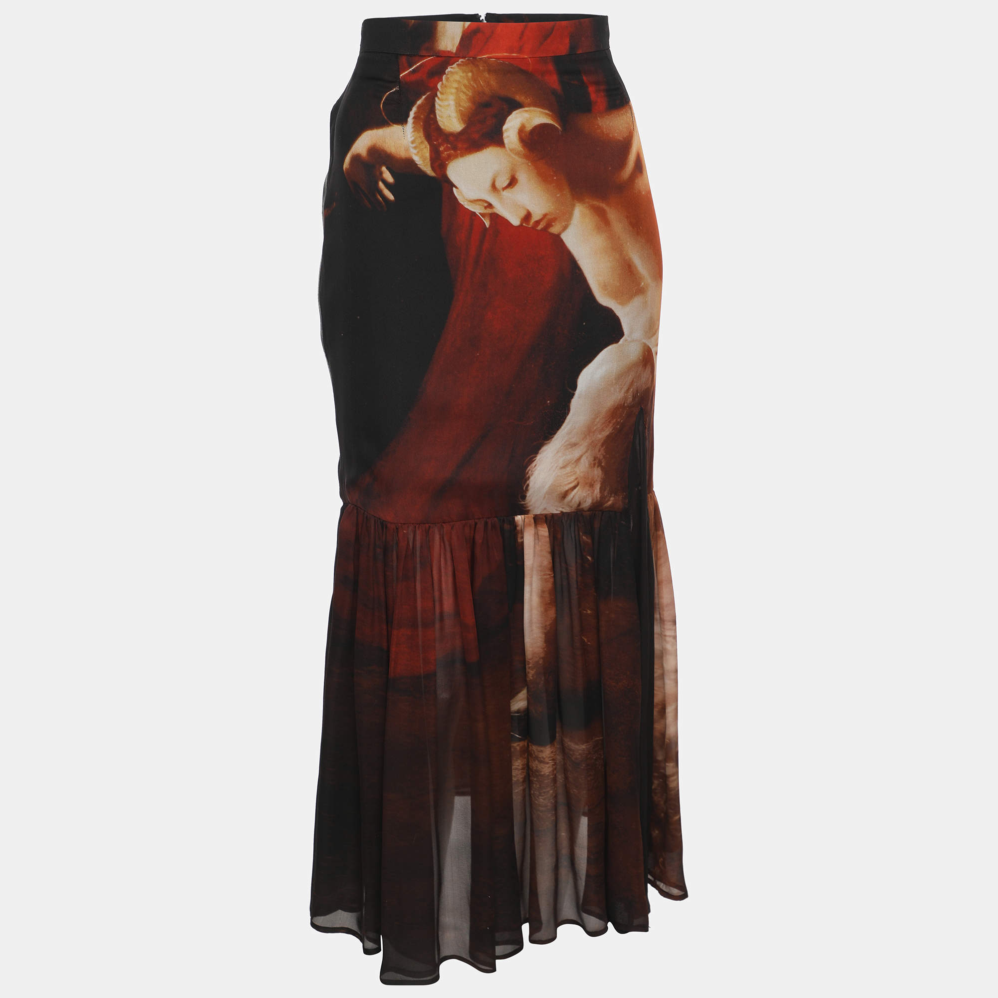 Pre Owned Givenchy Multicolor Satin Faun Art Print "The Bacchante" Midi Skirt M