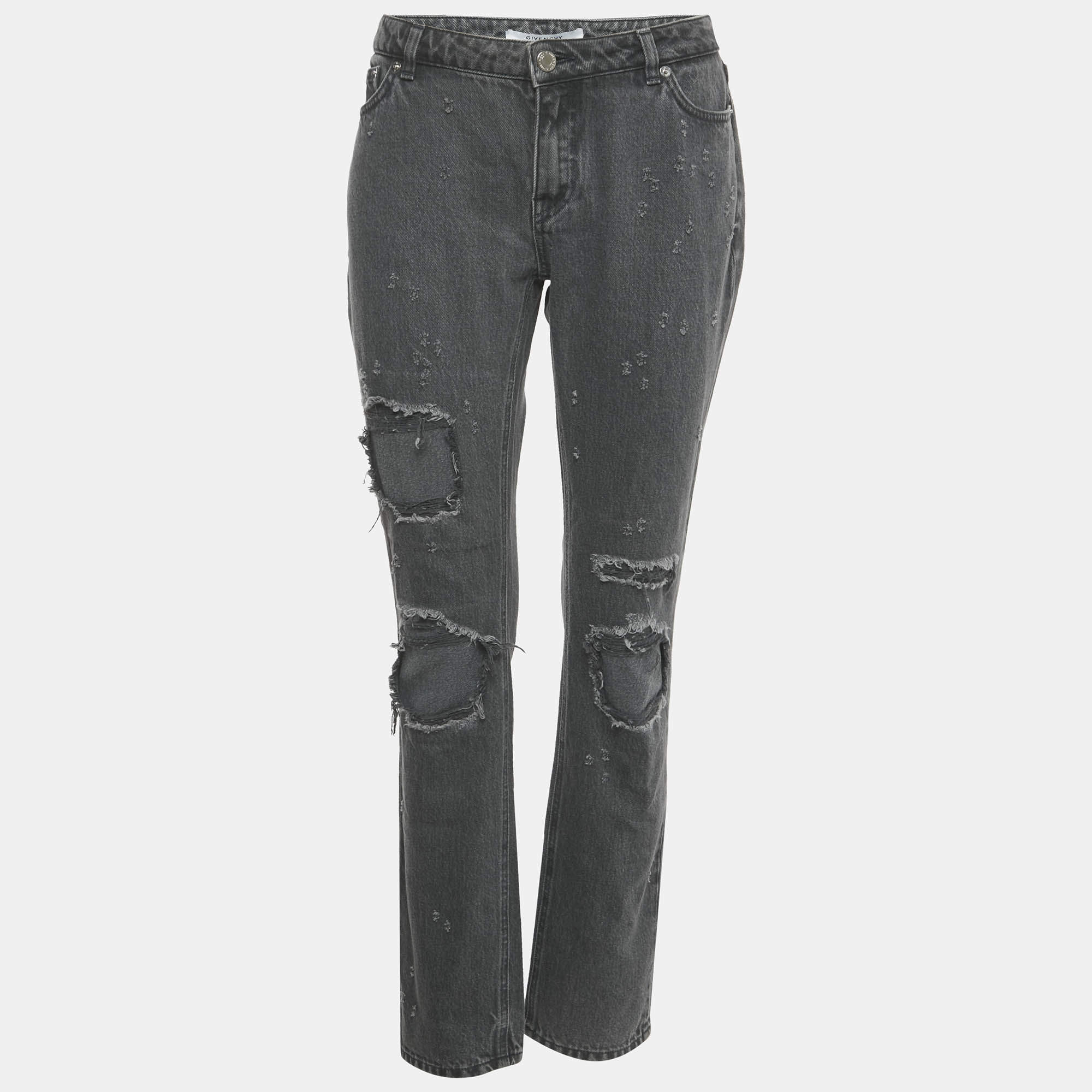 Pre Owned Givenchy Grey Distressed Denim Straight Leg Jeans L Waist 32"