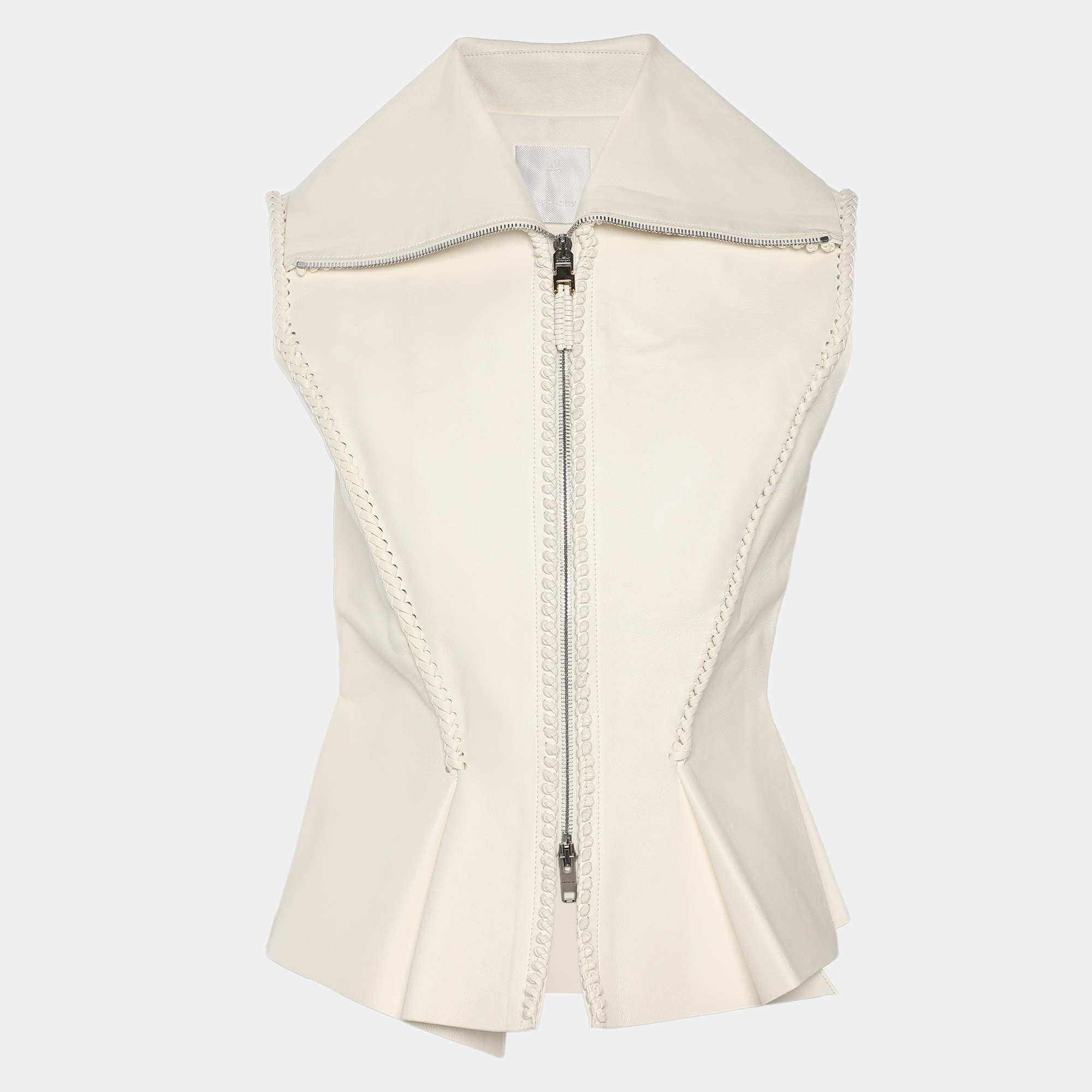 Pre Owned Givenchy Cream Leather Braided Detail Sleeveless Jacket S