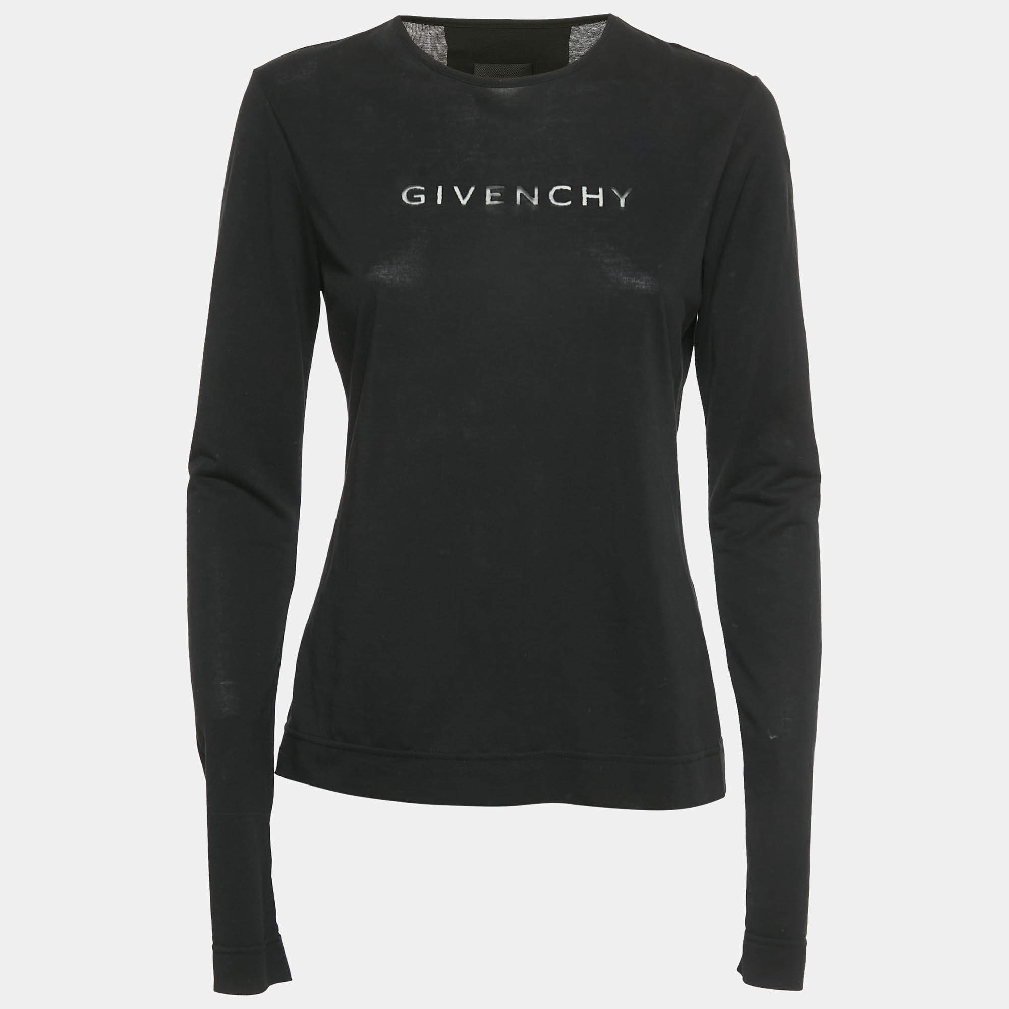 Pre Owned Givenchy Black Sheer Logo Detail Knit Full Sleeve T-Shirt S