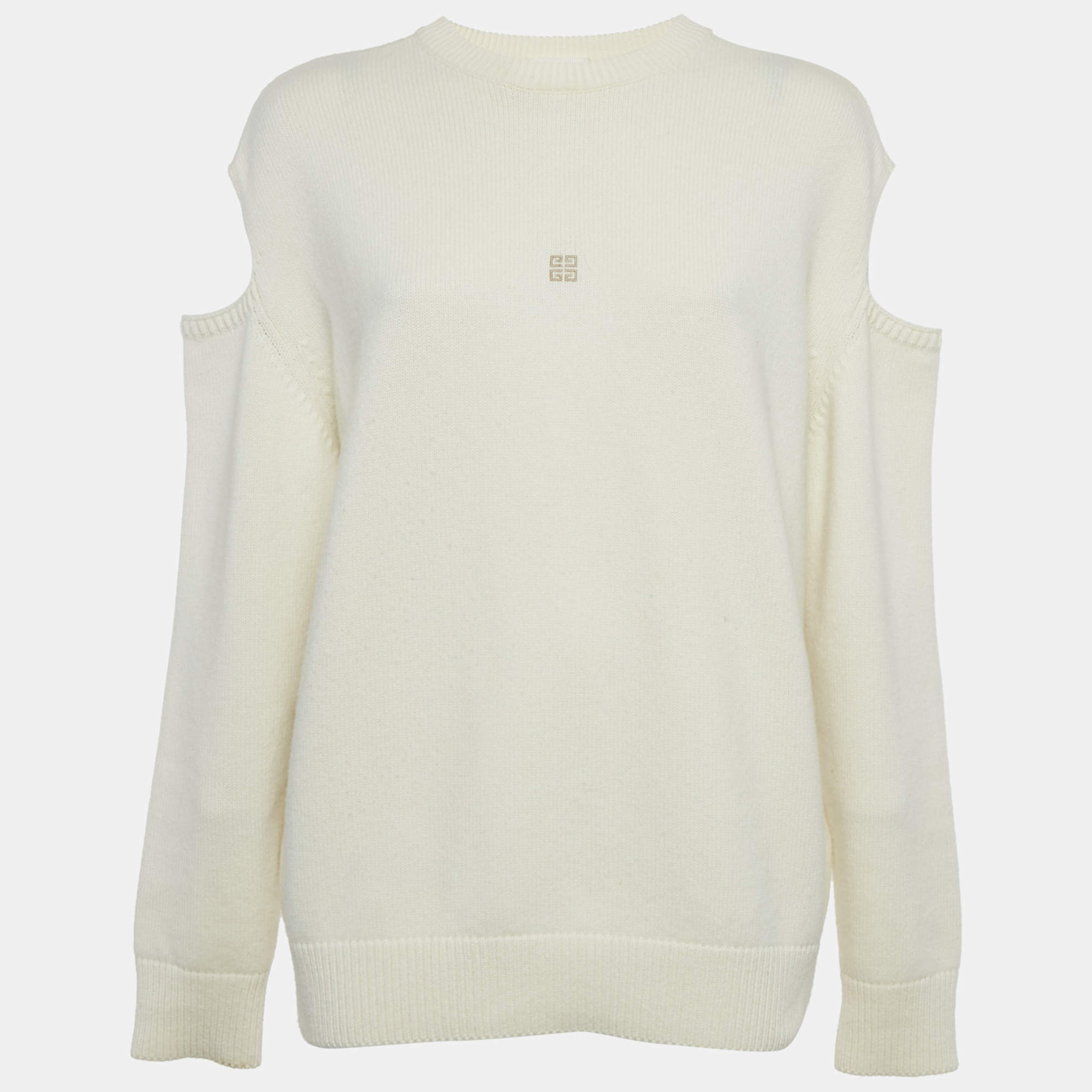 Pre Owned Givenchy Cream Logo Intarsia Wool & Cashmere Cold Shoulder Sweater S