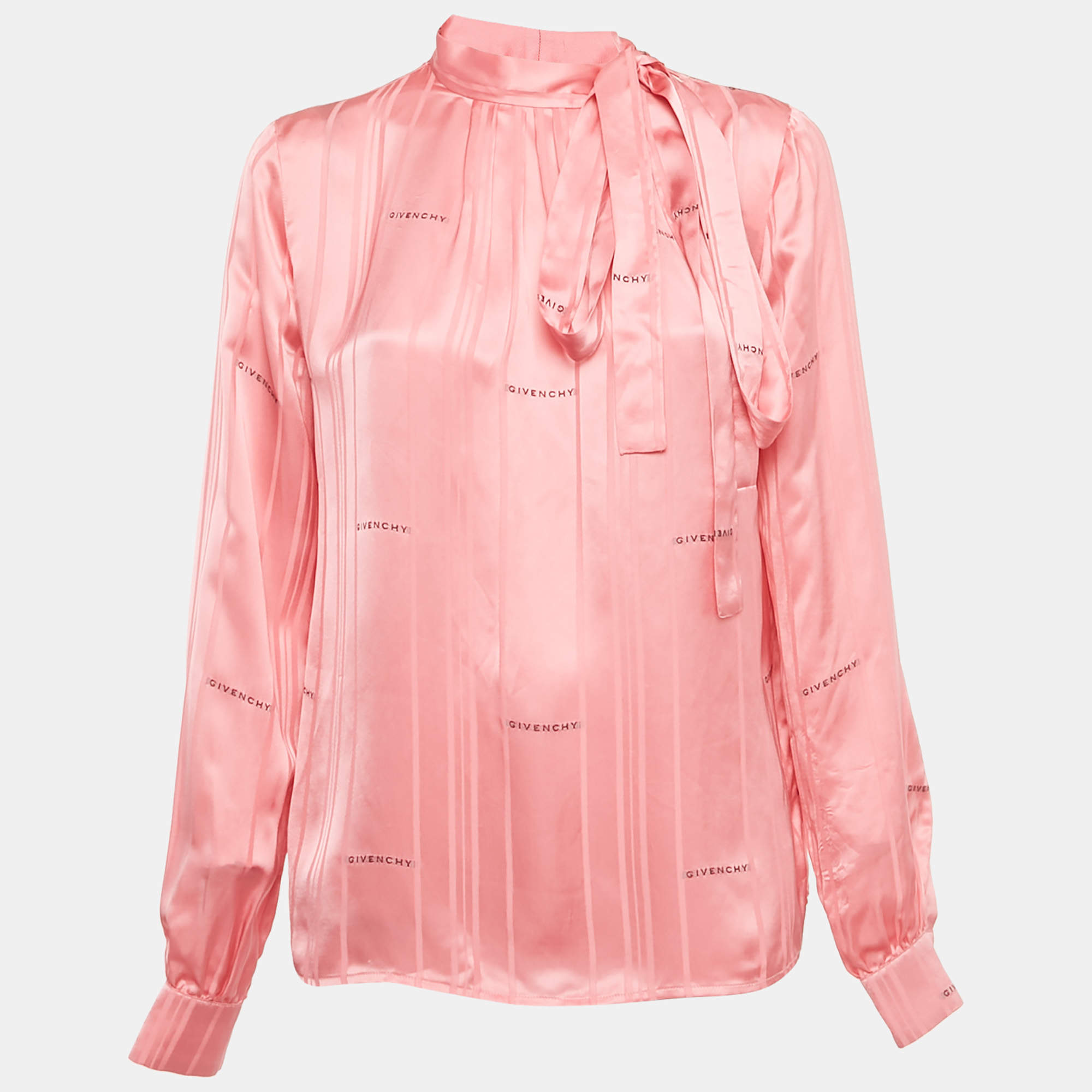 Pre Owned توب جيفنشي حرير ساتان بنمط شعار وردي بأكمام طويلة مقاس صغير (سمول)