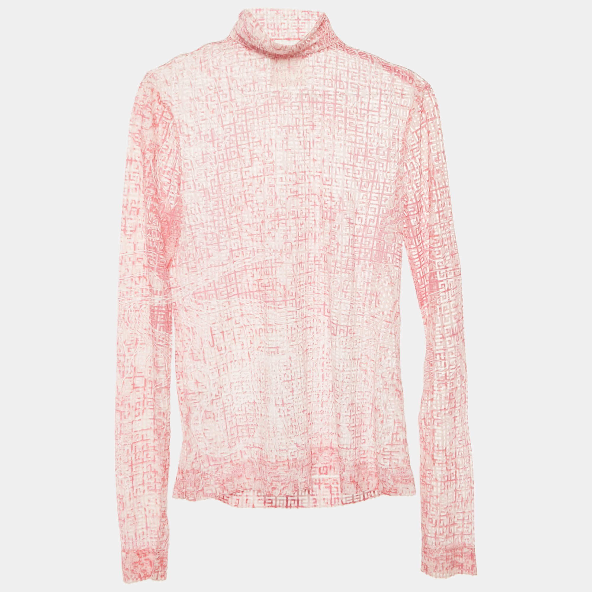 Pre Owned Givenchy Pink/White Mesh Velvet 4G Turtleneck Top M