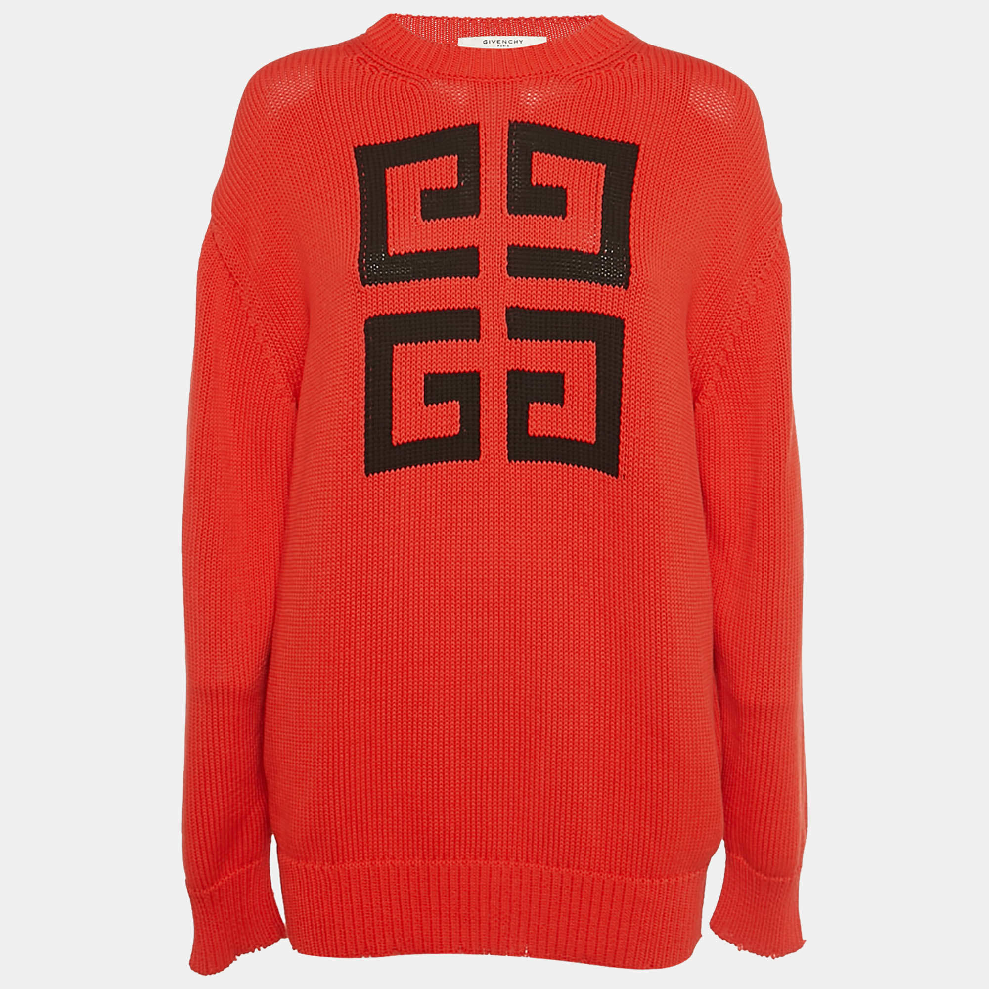 Pre Owned Givenchy Red Logo Intarsia Rin Knit Oversized Sweater XS