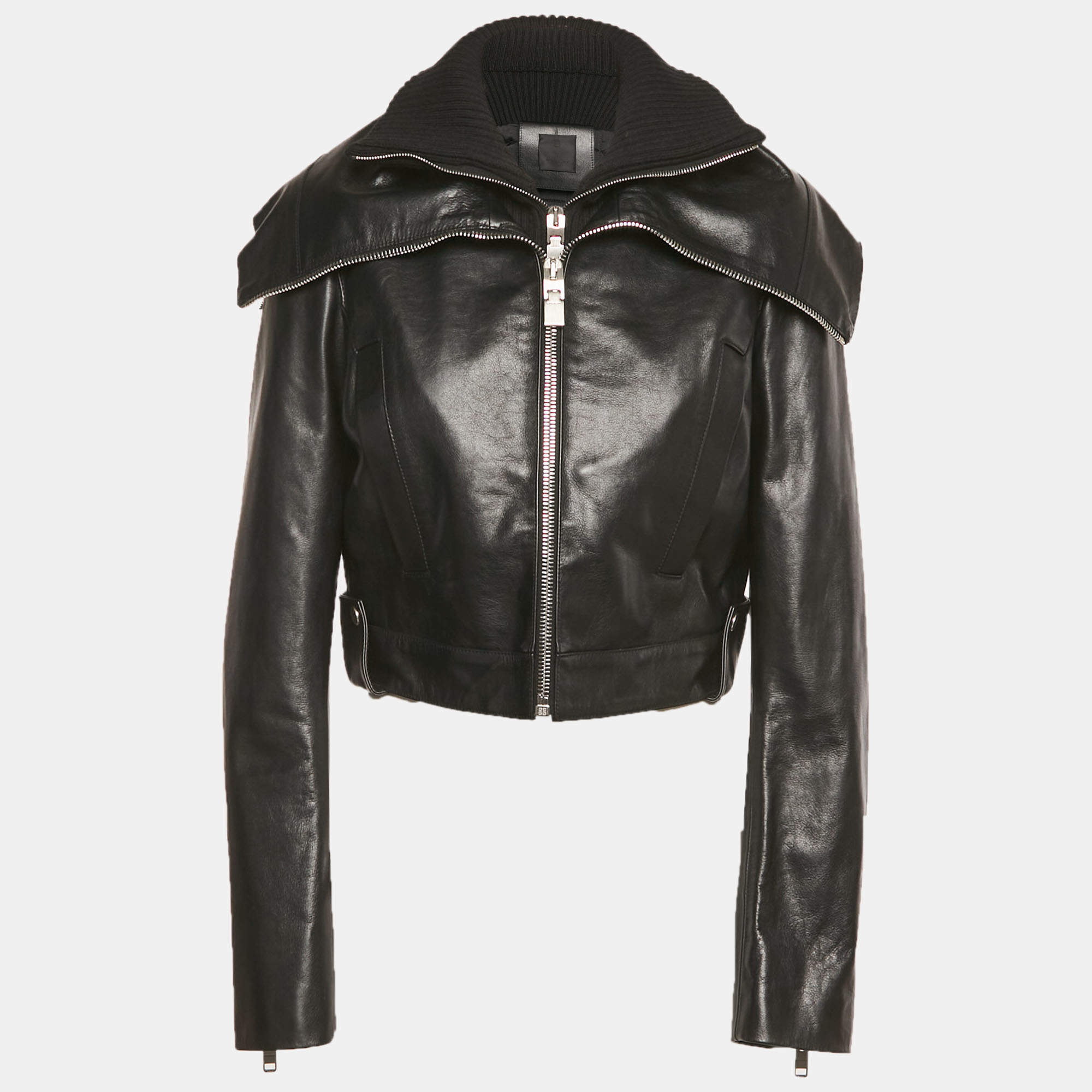 Pre Owned Givenchy Black Rib Knit and Leather Crop Jacket M