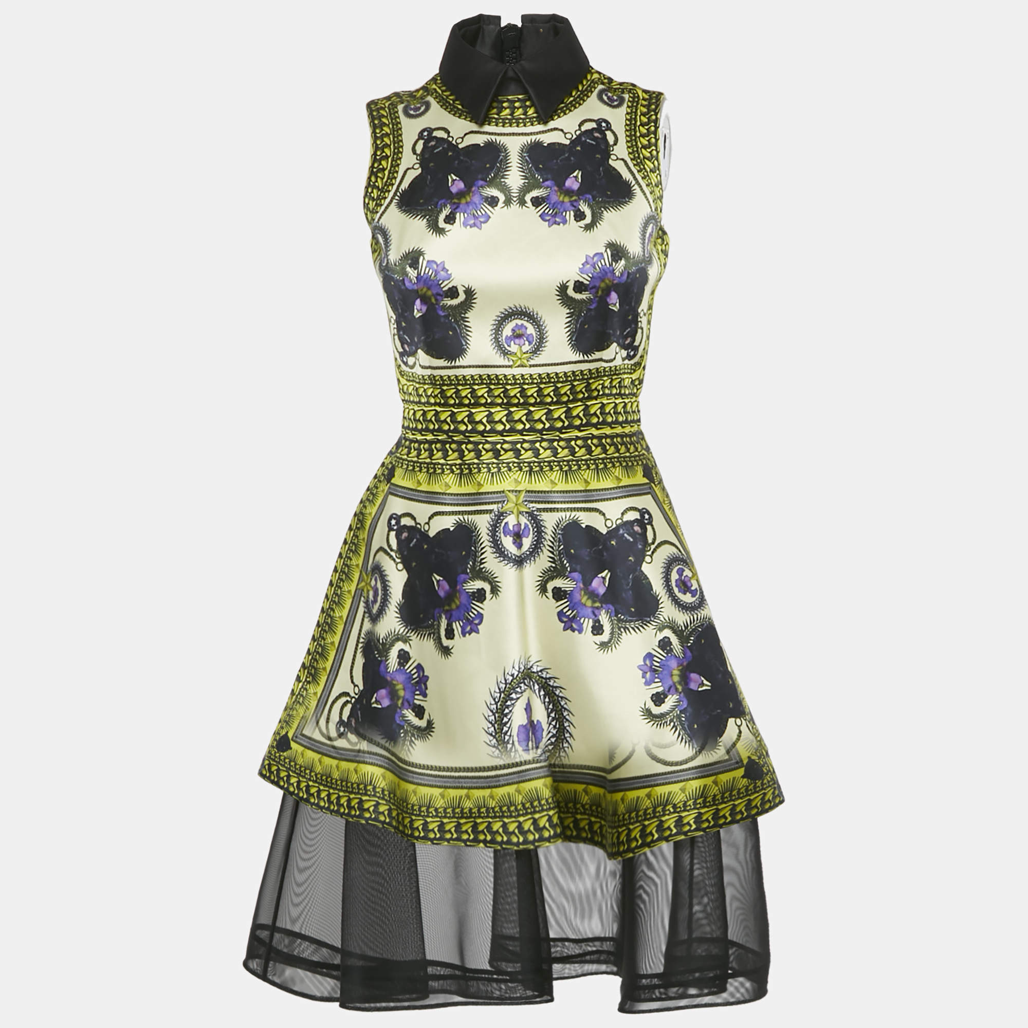 Pre Owned Givenchy Yellow Panther Print Satin Tulle Trim Short Dress S