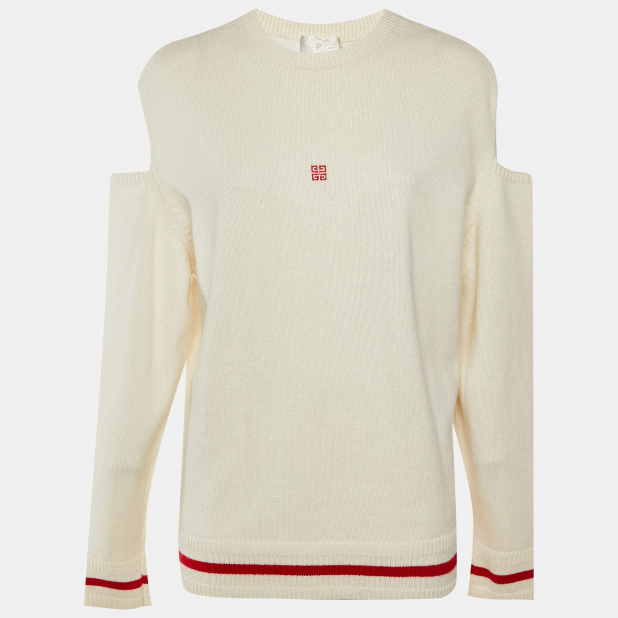 مملوكة مسبقًا كنزة جيفنشي بأكمام مكشوفة مزيج صوف بشعار إنتارسيا كريمي/أحمر مقاس صغير - سمول