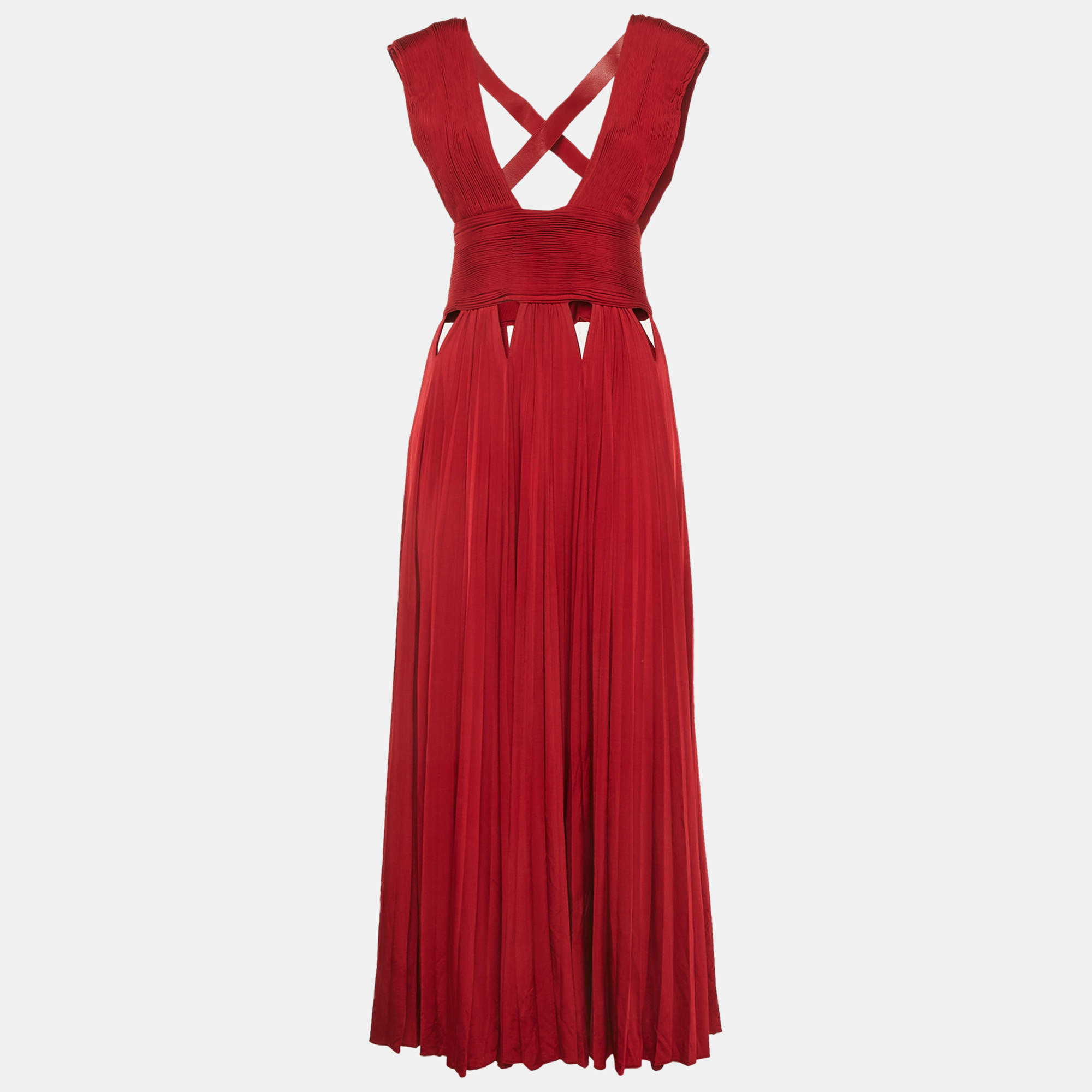 Pre Owned Givenchy Red Leather Trim Jersey Pleated Cut-Out Gown M