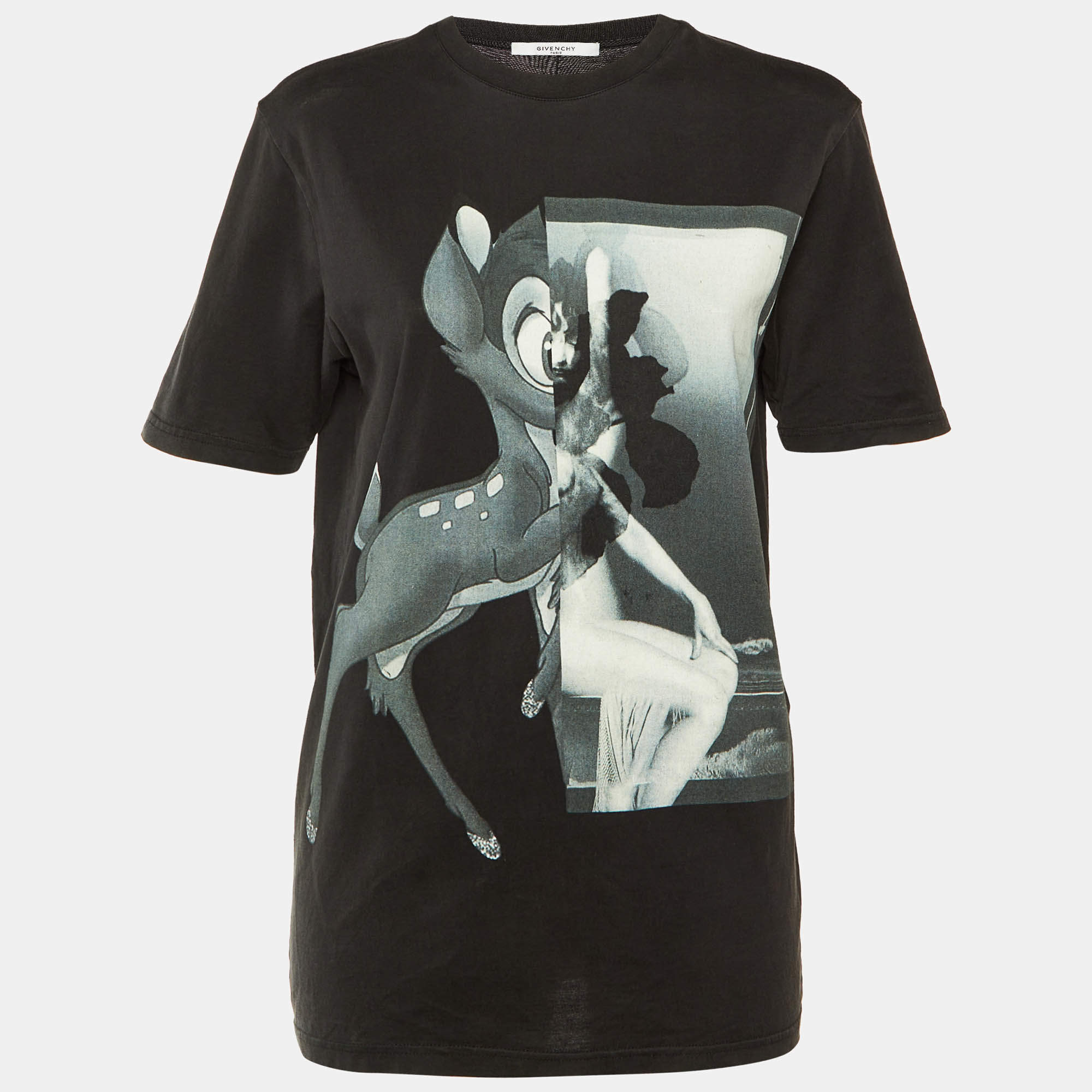 Pre Owned Givenchy Black Bambi Printed Cotton Knit T Shirt XS